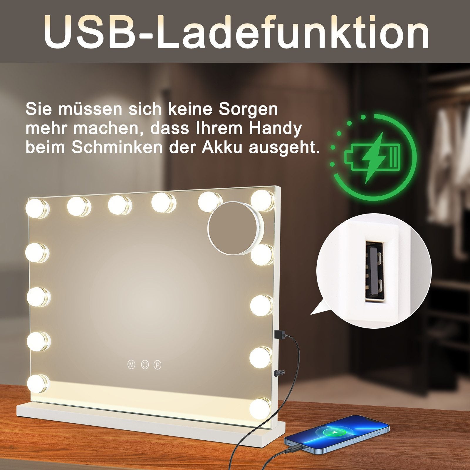 Nettlife Miroir de Maquillage Hollywood avec Éclairage LED - Miroir de Coiffeuse Grand Format 50x40cm avec 14 Ampoules, Port USB, Dimmable - 5