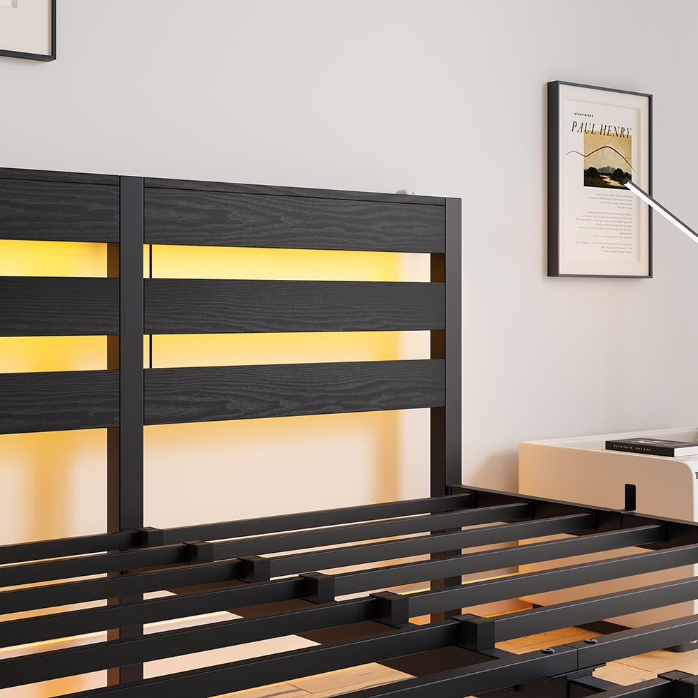 Łóżko dla dorosłych z oświetleniem LED i stacją ładującą USB, metalowa konstrukcja, materac nie wchodzi w skład zestawu, kolor czarny – 140 x 190 cm - 9