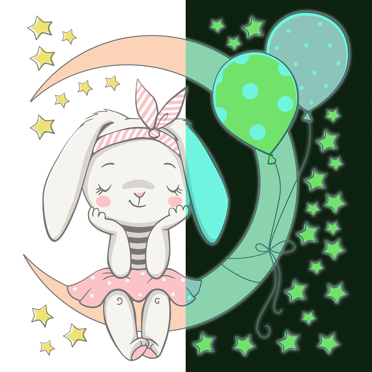 Adesivos fosforescente coniglio seduto sulla luna e 30 stelle - Sticker adesivo - adesivi murali - 85x80cm - 2