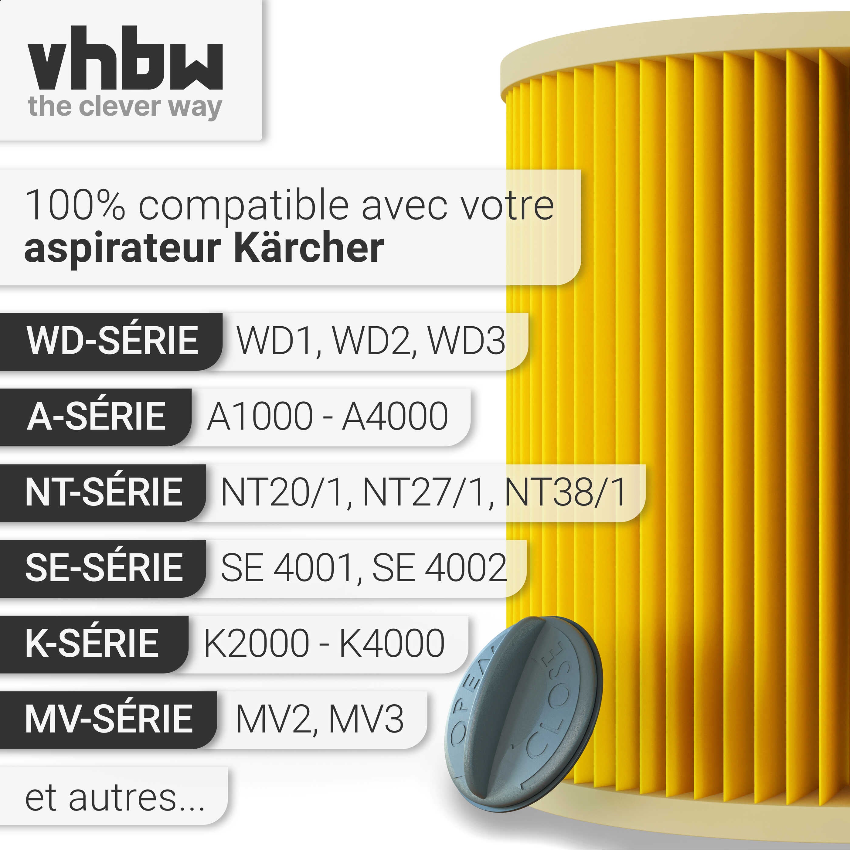vhbw 1x filtre plissé compatible avec Kärcher A 2254 Me, A 2534 pt, A 2554 Me, A 2604, A 2654 Me, A 2656 X Plus, SE 4001, SE 4002, WD 2.200 aspirateur - 2