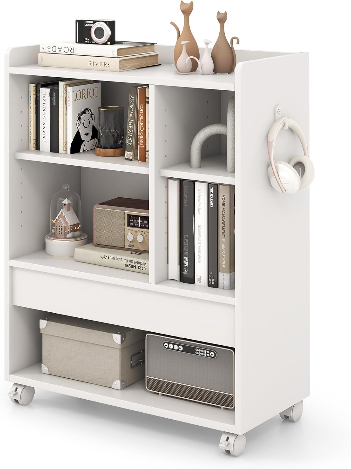 Meuble de Rangement Meuble pour Tourne-Disque avec 5 Compartiments Ouverts et Pieds en Métal Style Industriel Blanc Meuble de Rangement Meuble pour Tourne-Disque avec 5 Compartiments Ouverts et Pieds en Métal Style Industriel Blanc