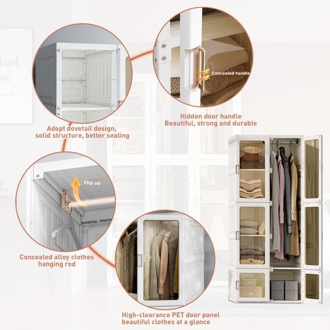 Armadio pieghevole armadio portatile 69 x 170 x 50 cm (larghezza x altezza x profondità), armadio in plastica versatile con asta appendiabiti e ante magnetiche per camera da letto, soggiorno, bianco Armadio pieghevole armadio portatile 69 x 170 x 50 cm (larghezza x altezza x profondità), armadio in plastica versatile con asta appendiabiti e ante magnetiche per camera da letto, soggiorno, bianco