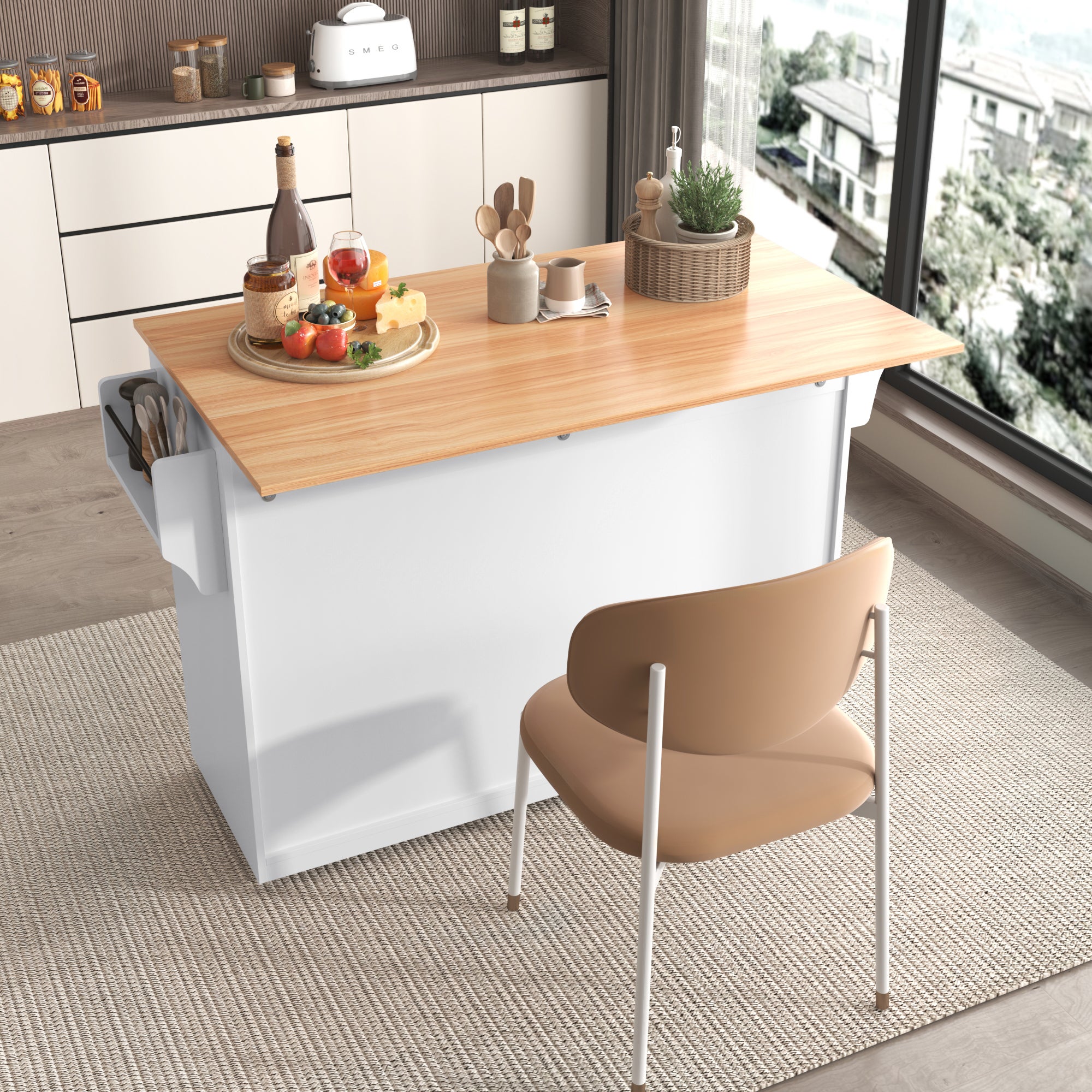 Ilot central de cuisine - 2 tiroirs et 4 compartiments - pieds en roulettes ou en bois - Blanc - 2
