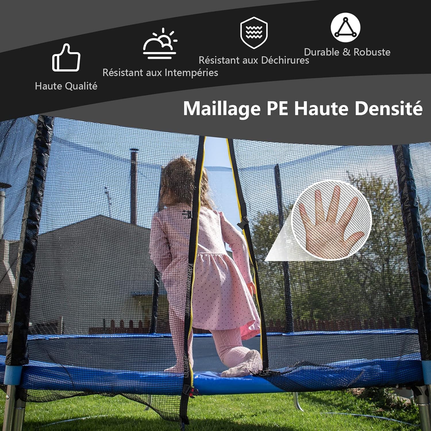 Filet de Securite pour Trampoline 305 CM, Filet de Trampoline 6 Poteaux, Resistant aux UV, Double Fermeture Eclair, Modele Bord Exterieur, Noir - 3
