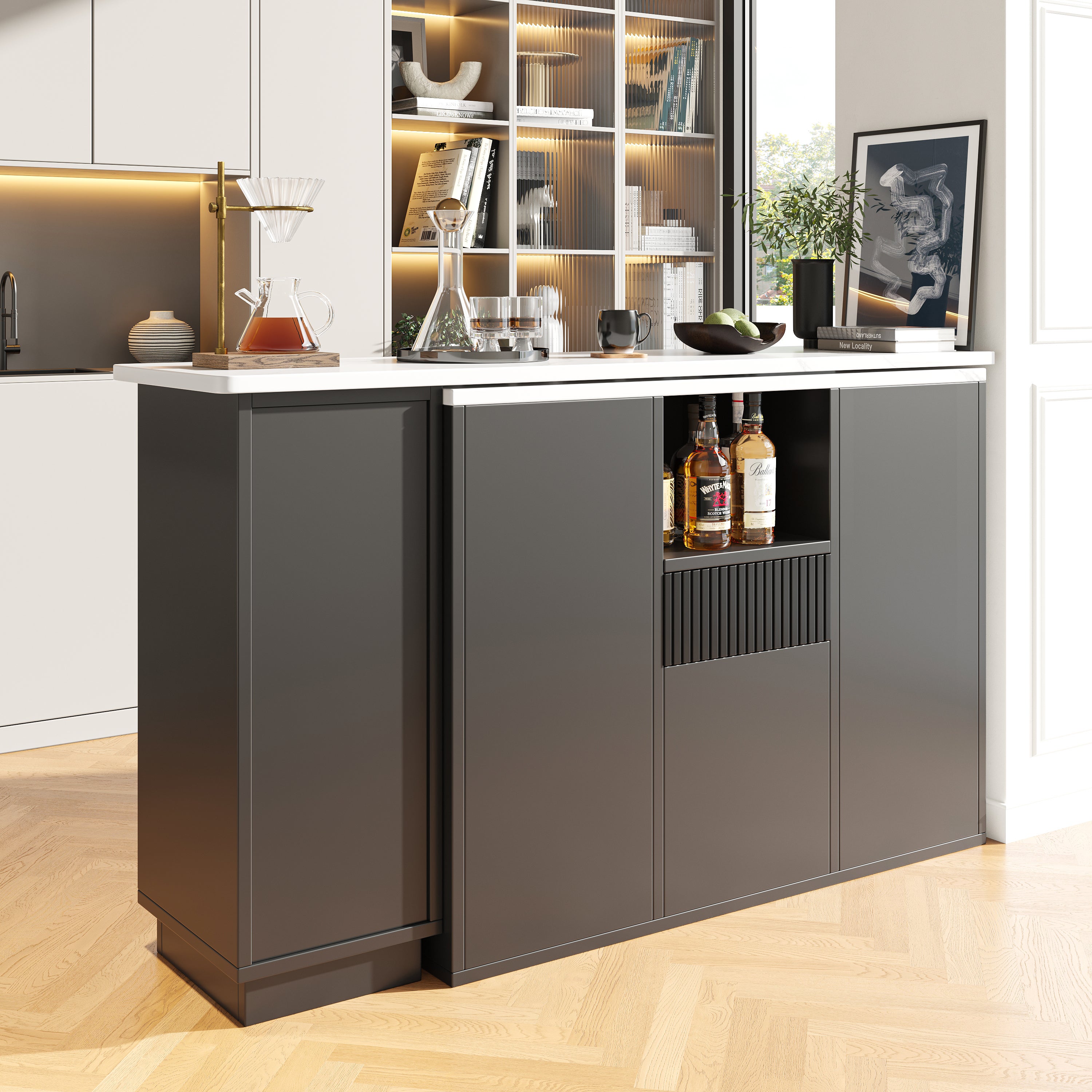 Table de bar pivotante 360° noire et bois - mange-debout avec 4 tiroirs et étagères pour cuisine, salon et bureau