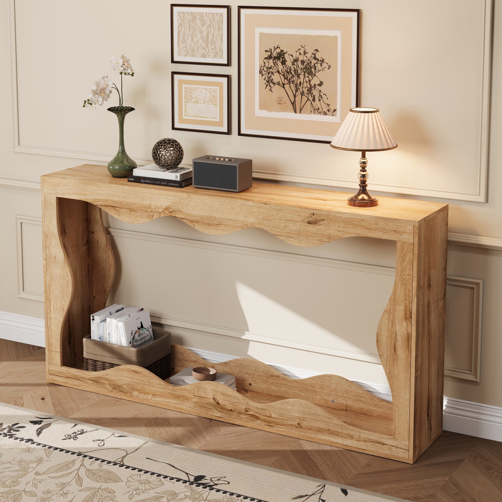 Table console à 2 niveaux avec design ondulé - 160,5 x 30 x 86,5 cm - Panneaux de particules - Structure ajourée effet bois - Naturel - 9