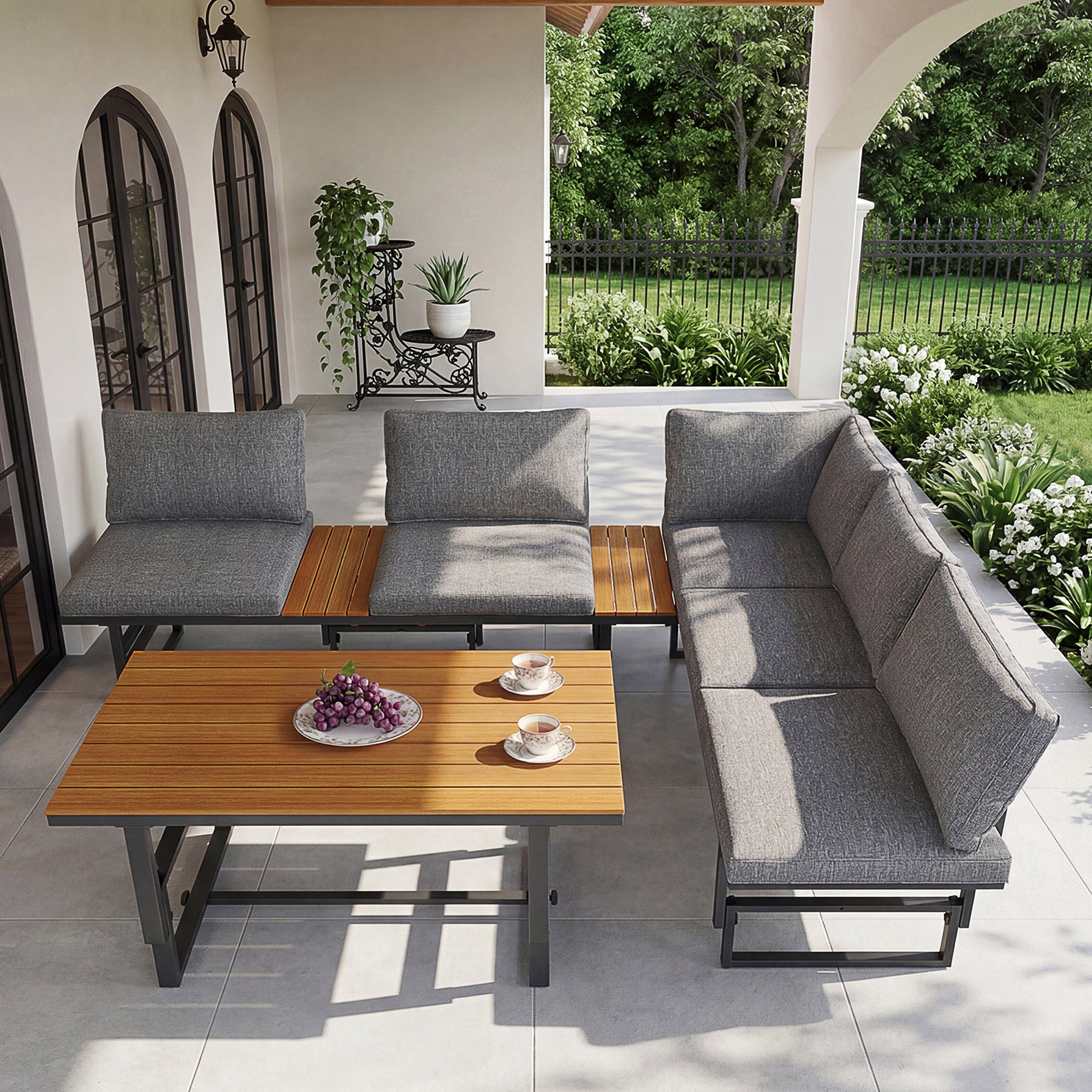 Mobiliario de jardín modular en hierro galvanizado: 2 sofás elevables de 3 plazas + 1 mesa de centro - Gris - 3