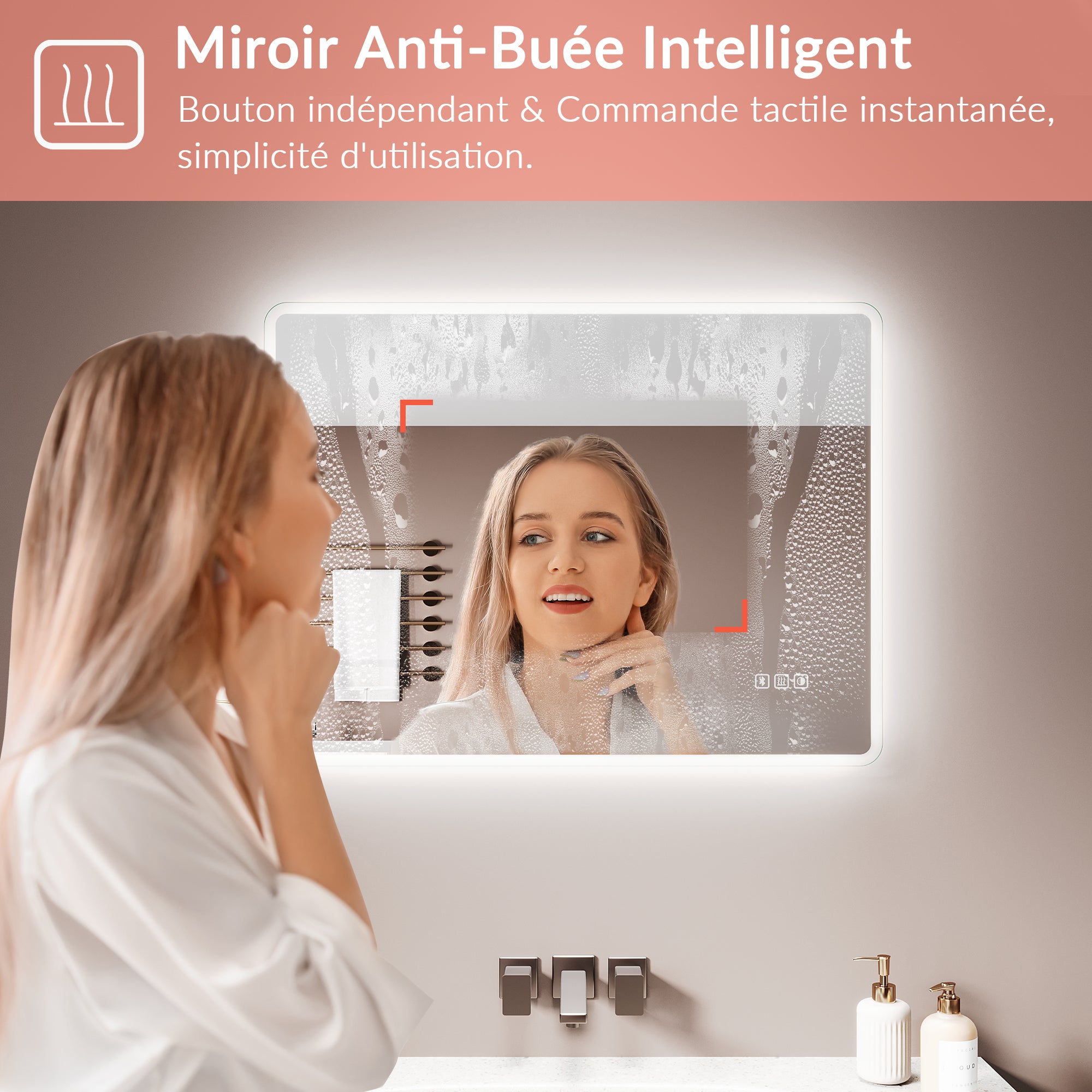 SIRHONA Miroir de Salle de Bain 120x70cm, Bluetooth,&nbsp;Anti-Buée Centrale, Lumière Bleue/Violette/Blanche, Prise Intégrée, Verre 5mm, Cadre Aluminium - 3