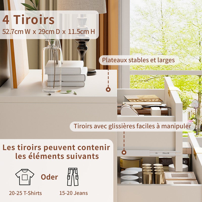 Commode à 4 tiroirs, poignées en métal, panneau plaqué, motif ondulé, portes peintes, buffet, meuble de rangement, blanc - 7