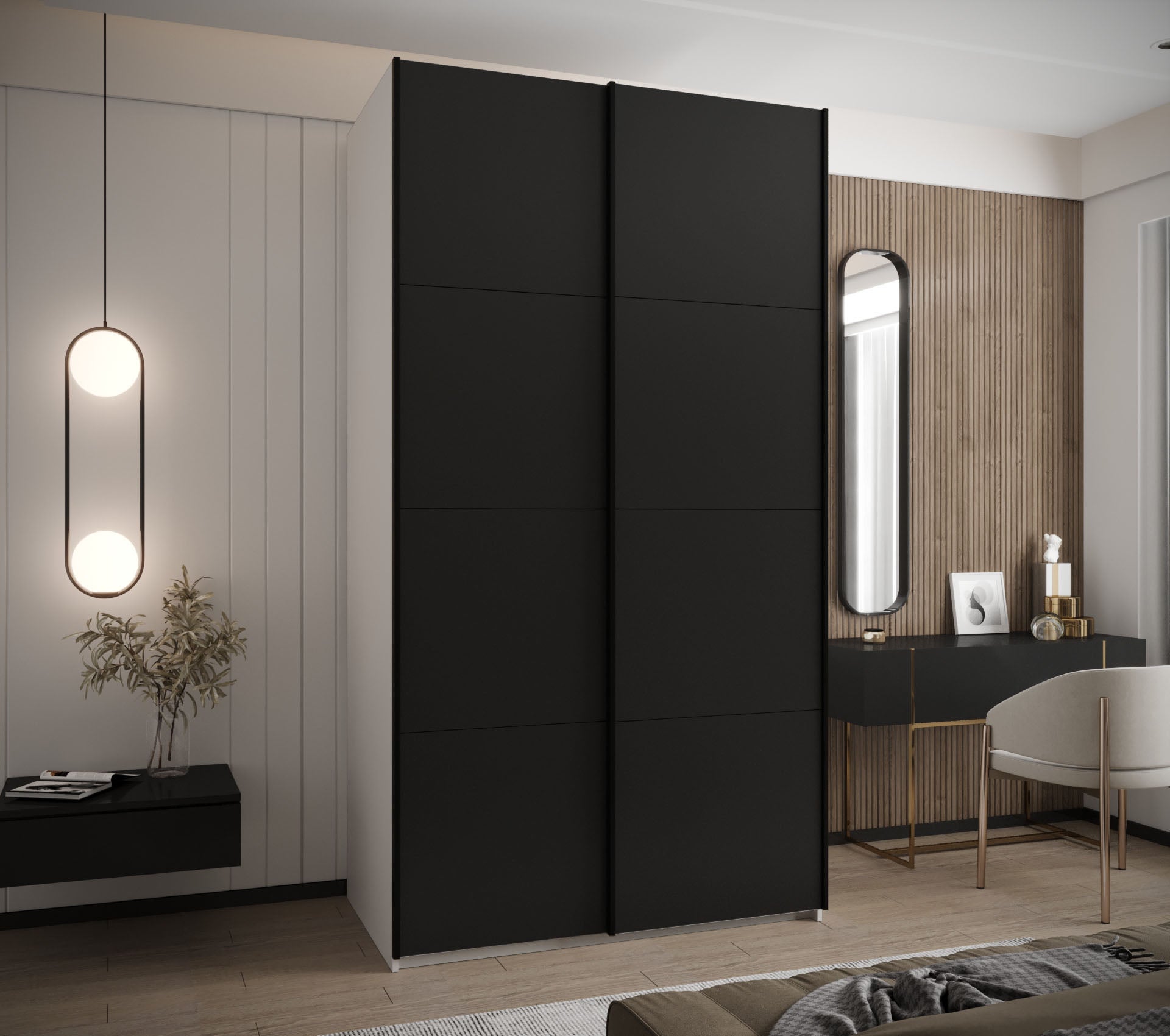 Szafa przesuwna wysoka Lux 1 140 x 64 x 245,5 cm biały + czarny + u. czarny - Abiks Meble
