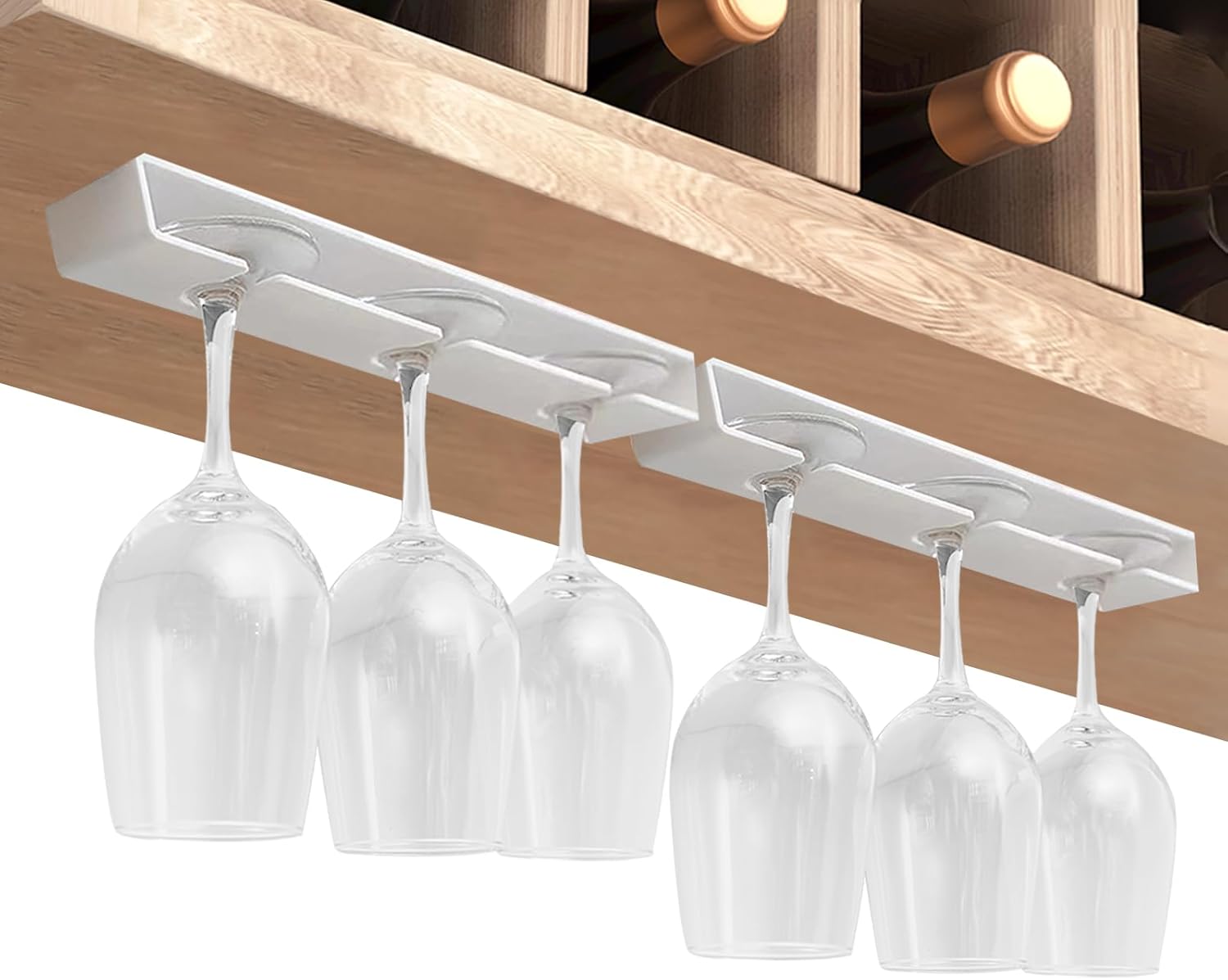Dwa uchwyty na kieliszki do wina, uchwyty podszafkowe na kieliszki do wina, wykonane z plastiku, stojak na kieliszki do wina (biały).