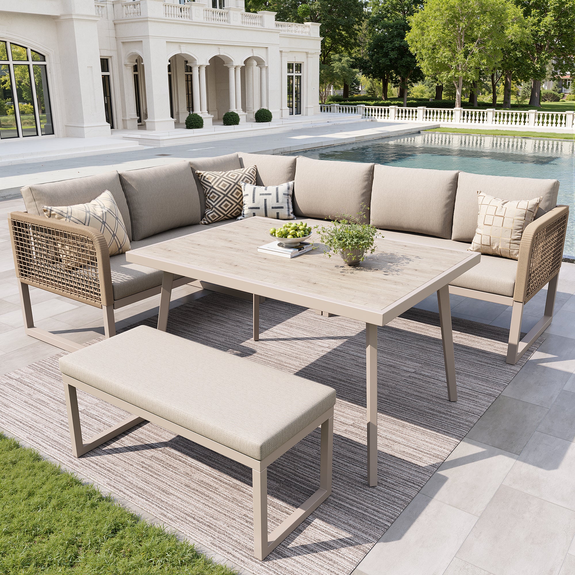 Salon de Jardin d'extérieur 6-8 places,Avec coussin d'assise et dossier,Rotin PE tissé à la main,Canapé de jardin résistants aux intempéries,Beige - 7