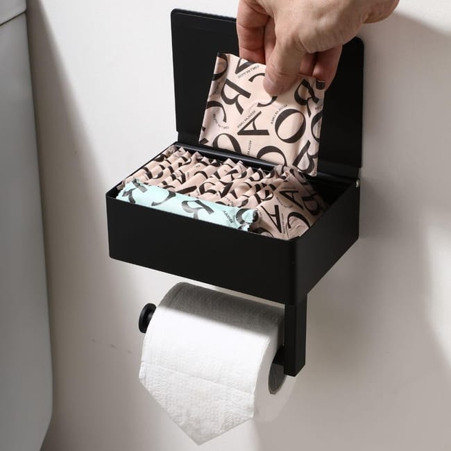 Portarrollos de papel higiénico con estante, dispensador y almacenamiento de toallitas desechables, organizador de pared para baño - 2