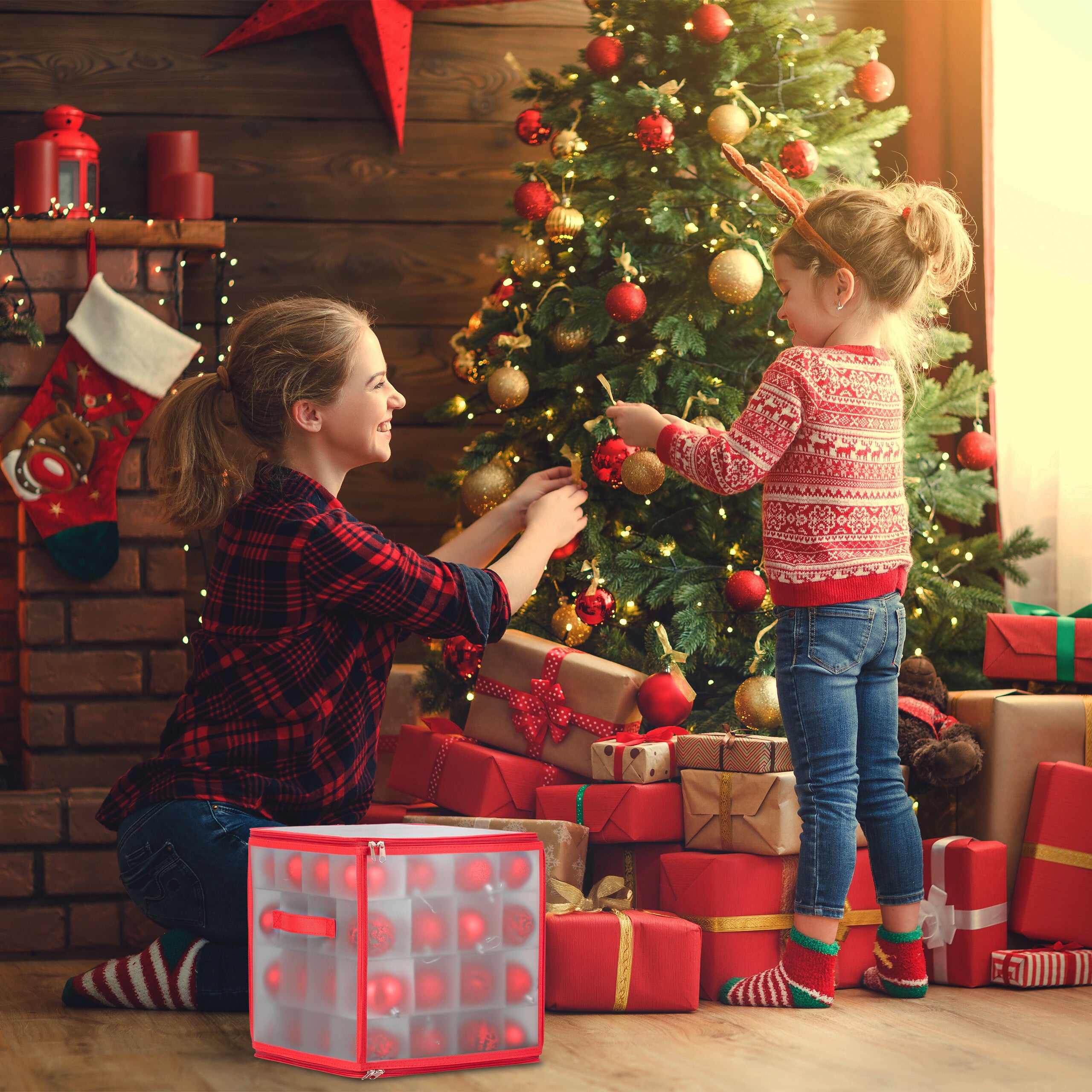 2 x boîtes de rangement pour boules de Noël, 64 compartiments, H x L x P : 31 x 30 x 30 cm, transparent/rouge - 3