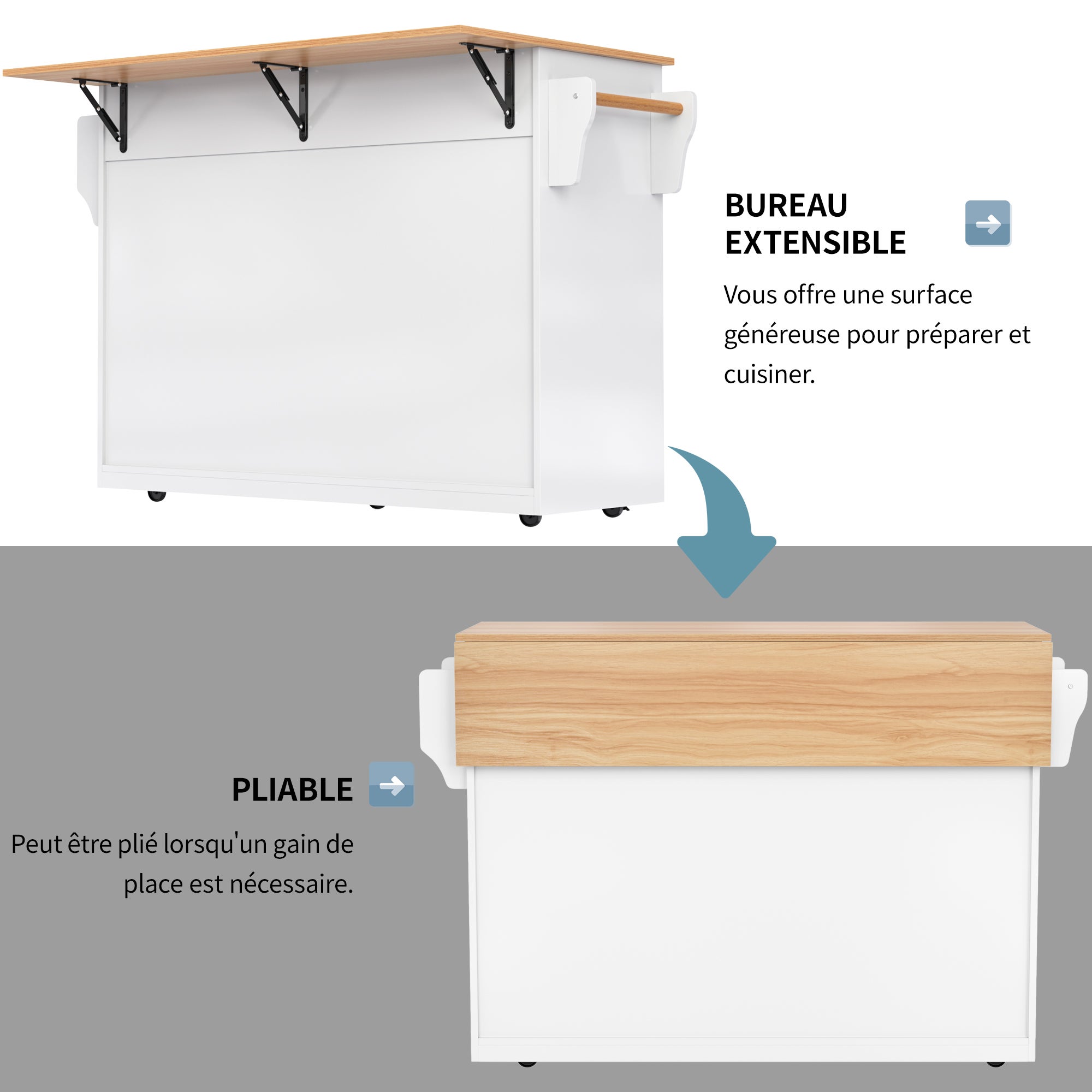 Ilot central de cuisine - 2 tiroirs et 4 compartiments - pieds en roulettes ou en bois - Blanc - 4