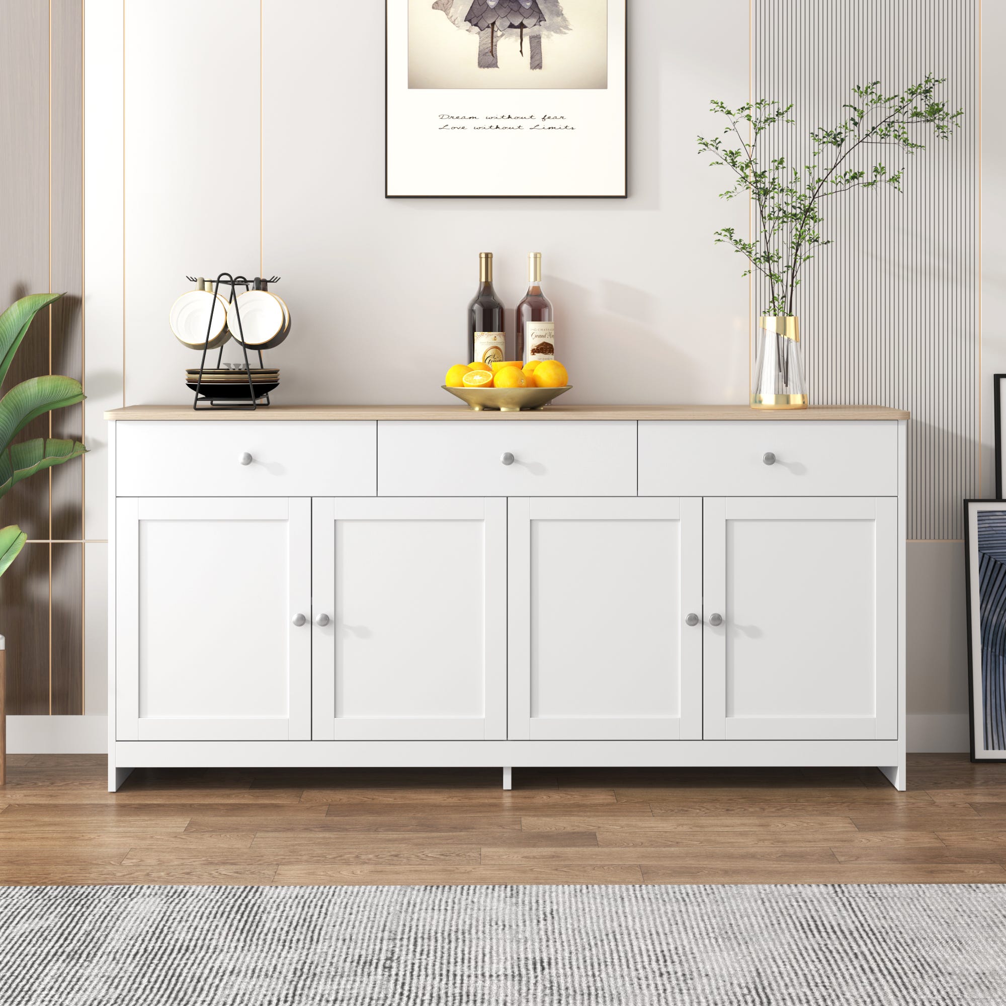 Buffet bas avec 4 portes et 3 tiroirs - bois MDF - décor chêne et blanc ...