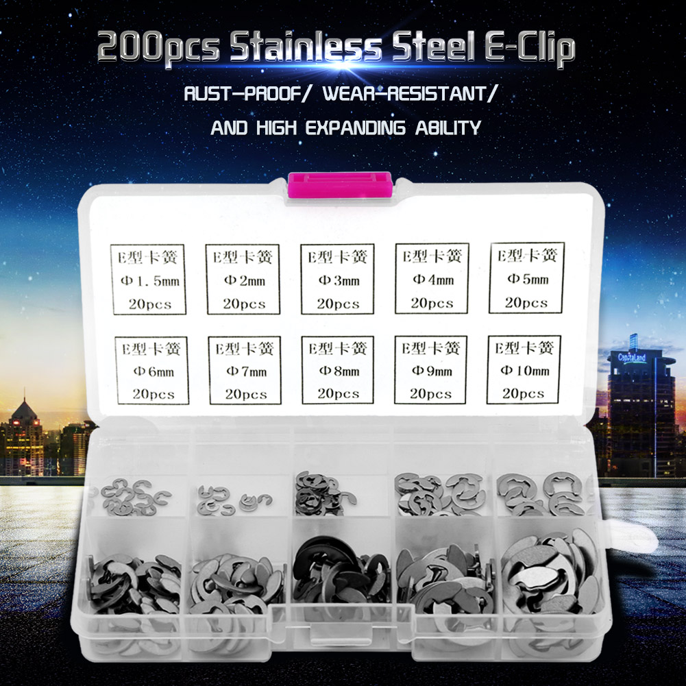 Assortiment de 200 clips de retenue e-clip en acier inoxydable, tailles m1.5 à m10 - 2