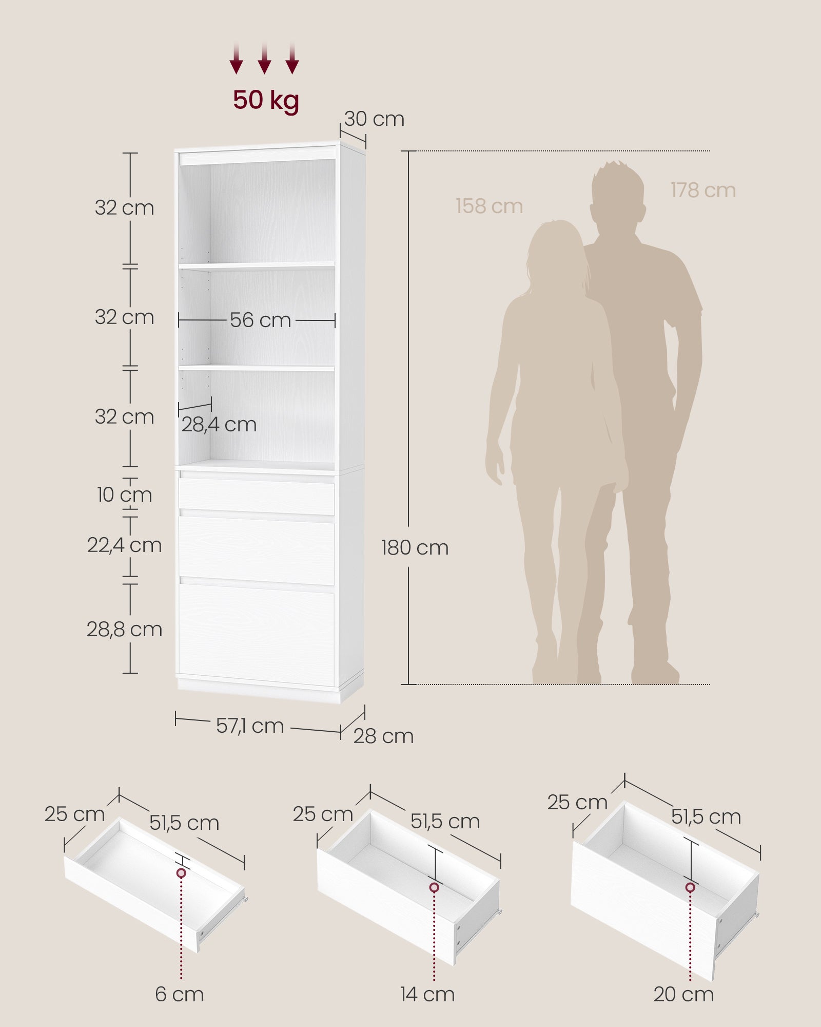 Bibliothèque, 3 Tiroirs de Tailles Différentes, Étagères Réglables, Hauteur 180 cm, pour Salon, Chambre, Bureau, Moderne, Gain de Place, Blanc Neige - 5