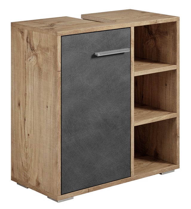 Meuble vasque Neptunus - Chêne châtaignier avec gris - 60 x 28 x 60 cm - Meuble de salle de bain, colonne, armoire