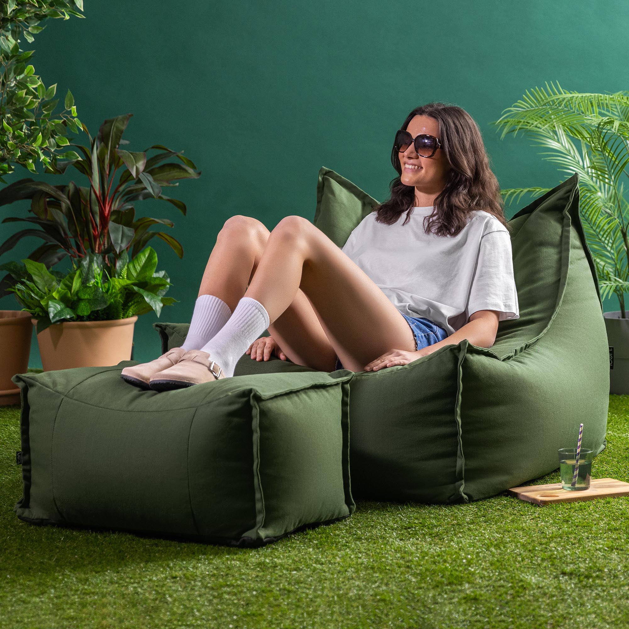 Pouf repose-pieds Icon d'extérieur en oléfine Oeko-Tex® imperméable vert kaki, 34x45cm, Made in Allemagne - 10