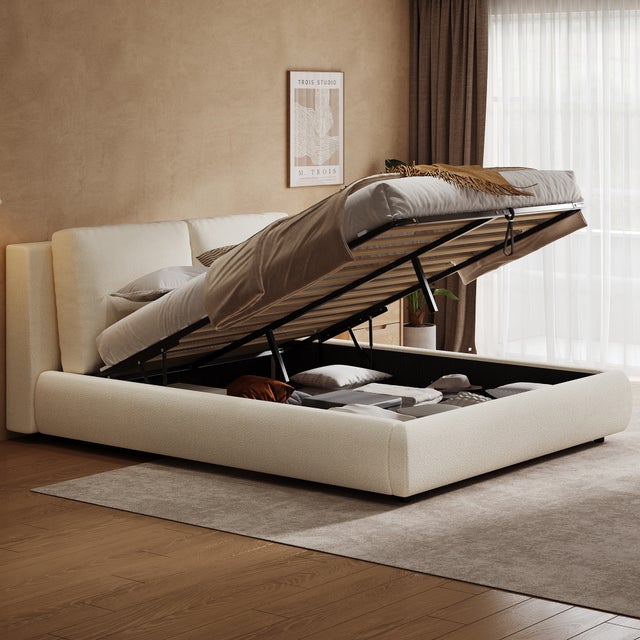 Letto matrimoniale 180x200 cm con ampio vano contenitore e testiera imbottita Bouclé, beige (Senza materasso)