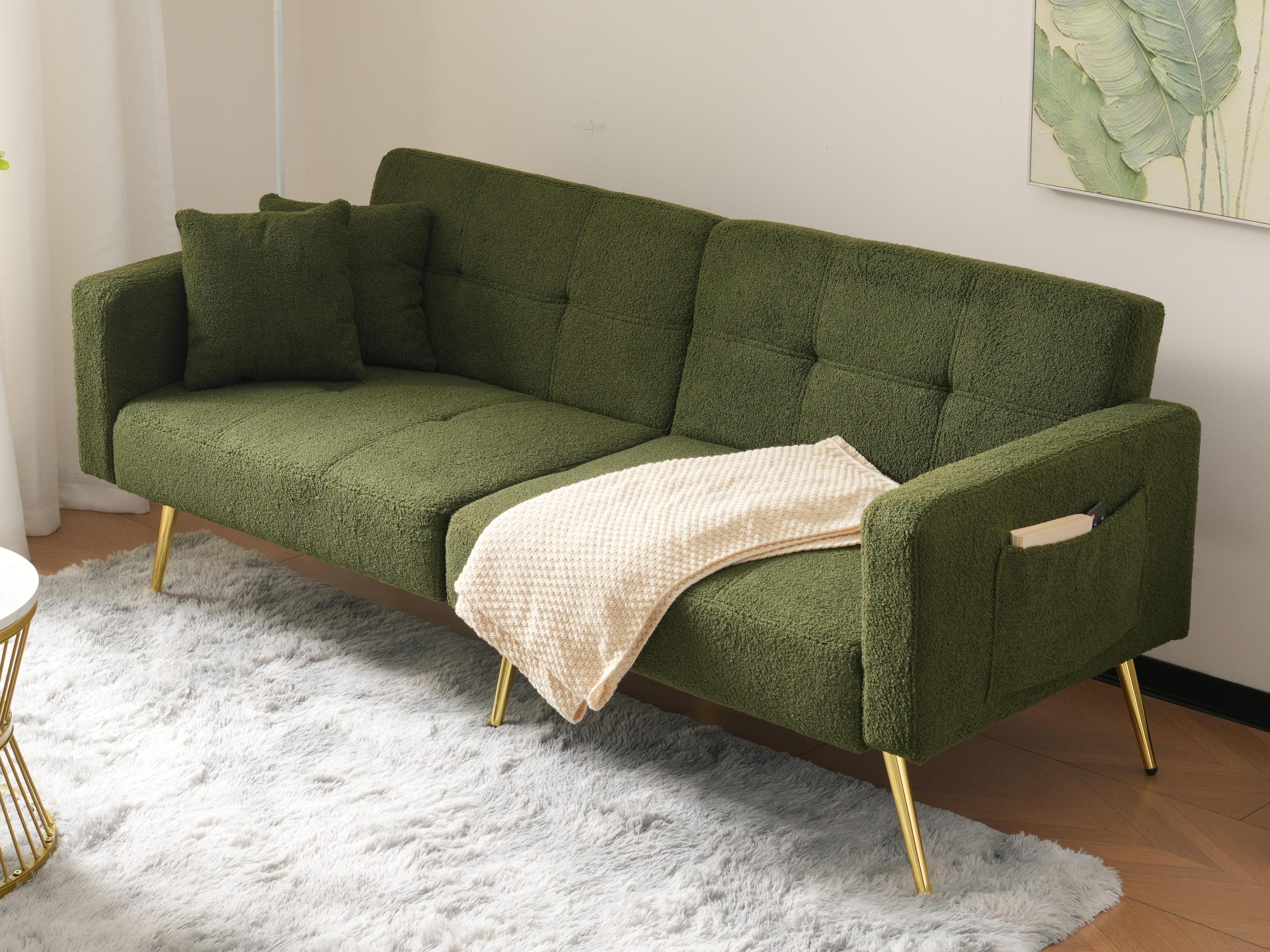 Sofa rozkładana z regulowanym oparciem - 2 miejsca - tkanina frotte - zielona