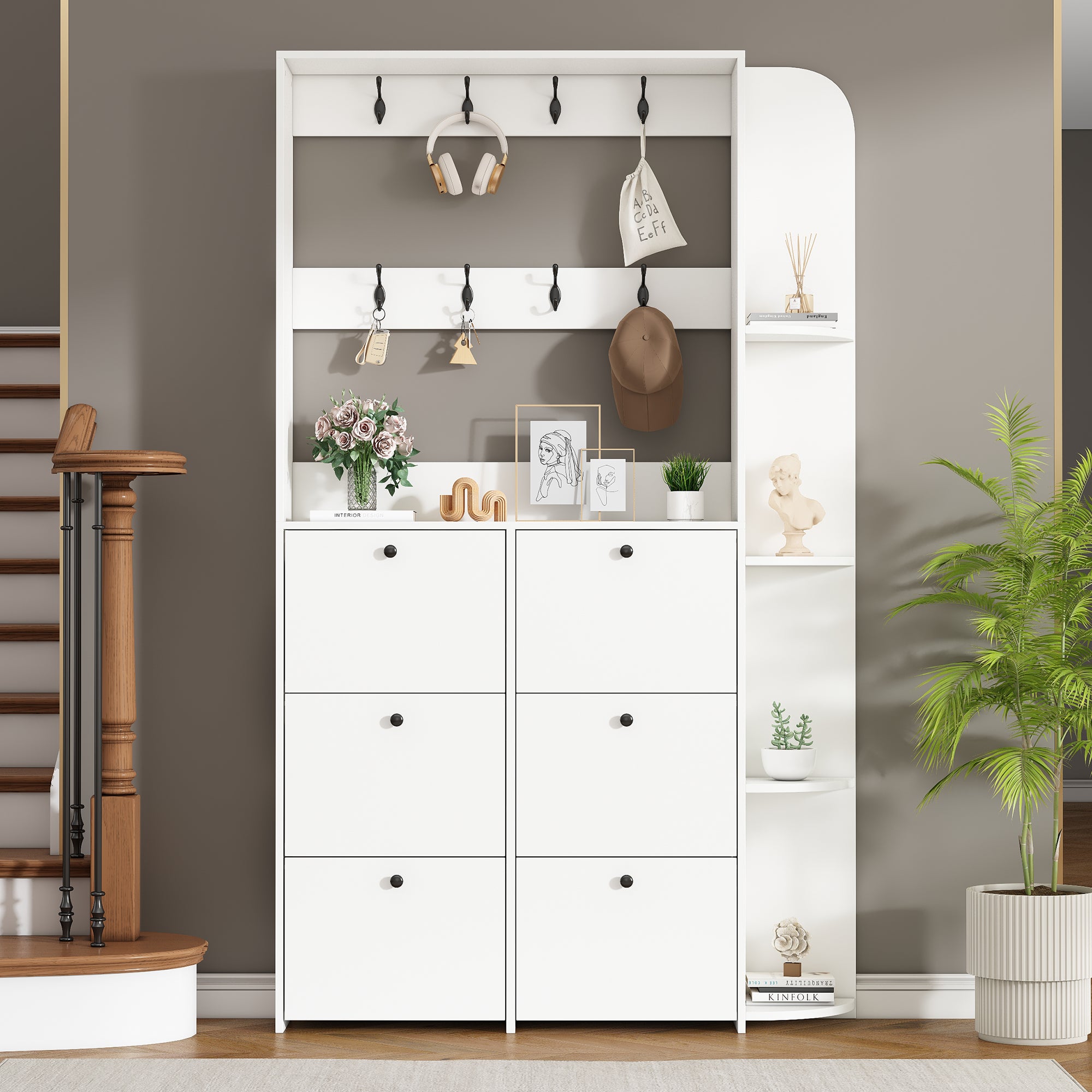 Zestaw szafek do przedpokoju 120 x 24 x 200 cm - Z 6 szafkami na buty - 8 wieszakami - Z 5 półkami - Biały - 4