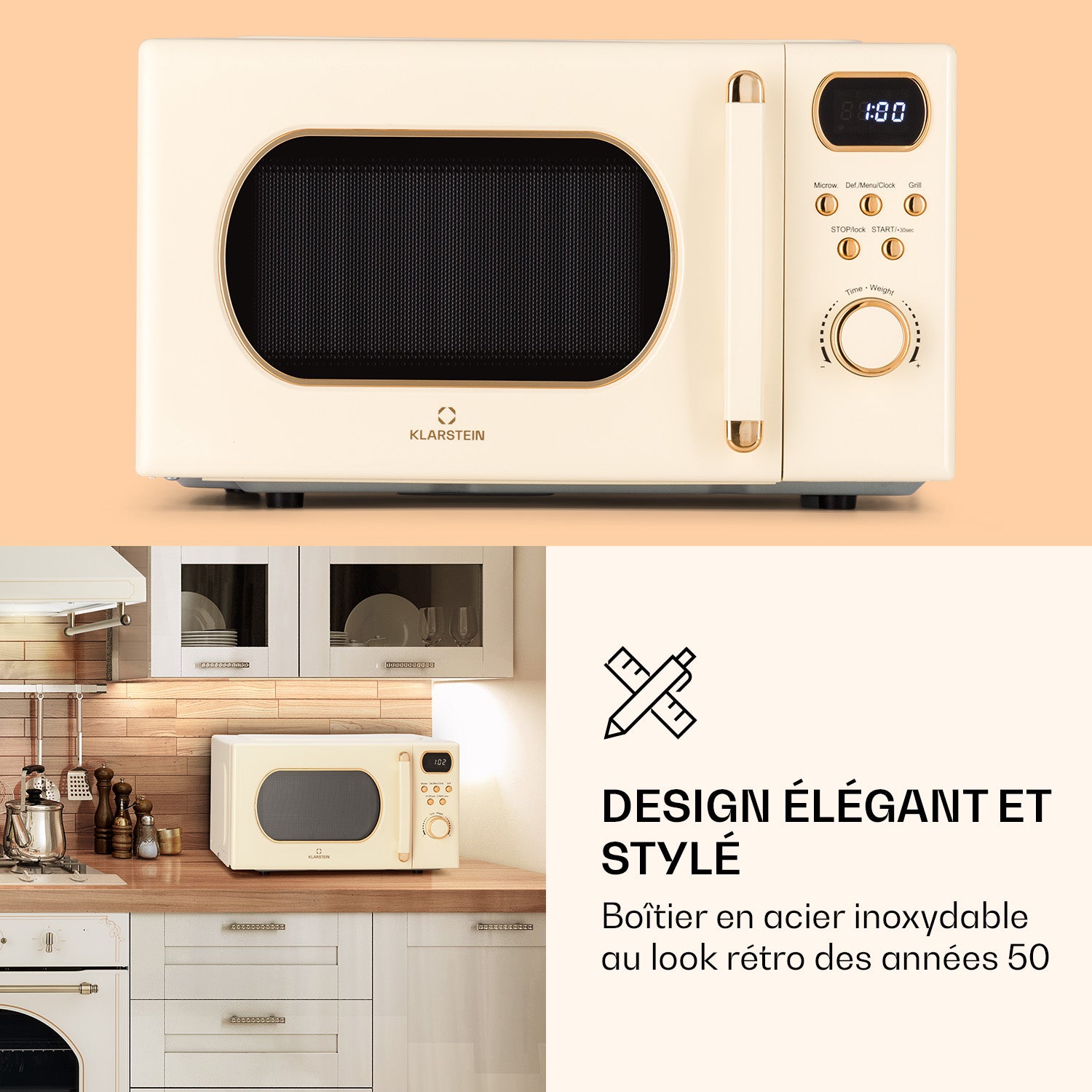 Micro-ondes avec grill - Klarstein julieta 20l - 700 / 800 w - 8&nbsp;programmes - crème - Crème - Crème - 6