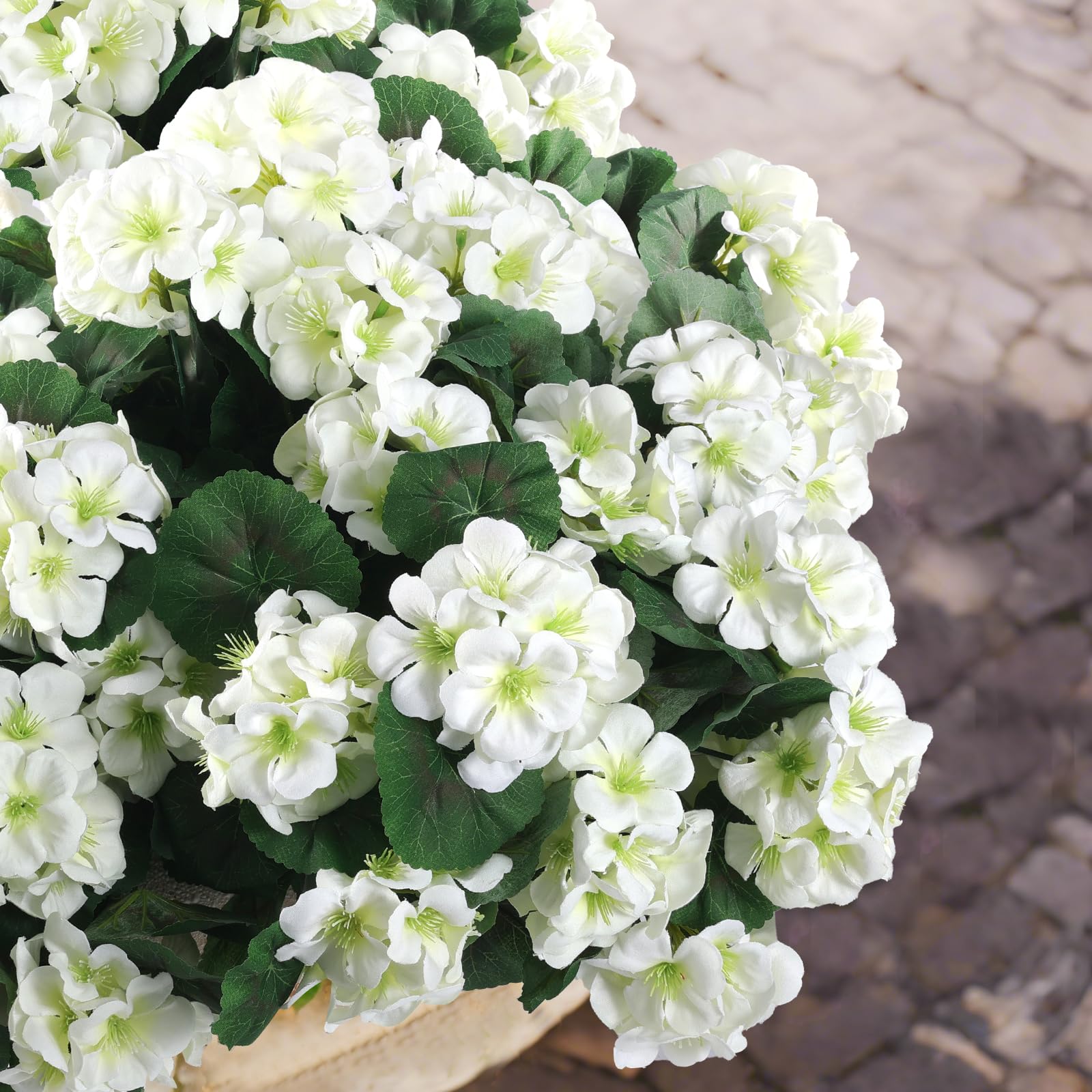 4 Geranios de Seda con Protección UV, Flores Artificiales y Plantas Verdes Realistas para Decoración, Blanco, 35 cm - 8