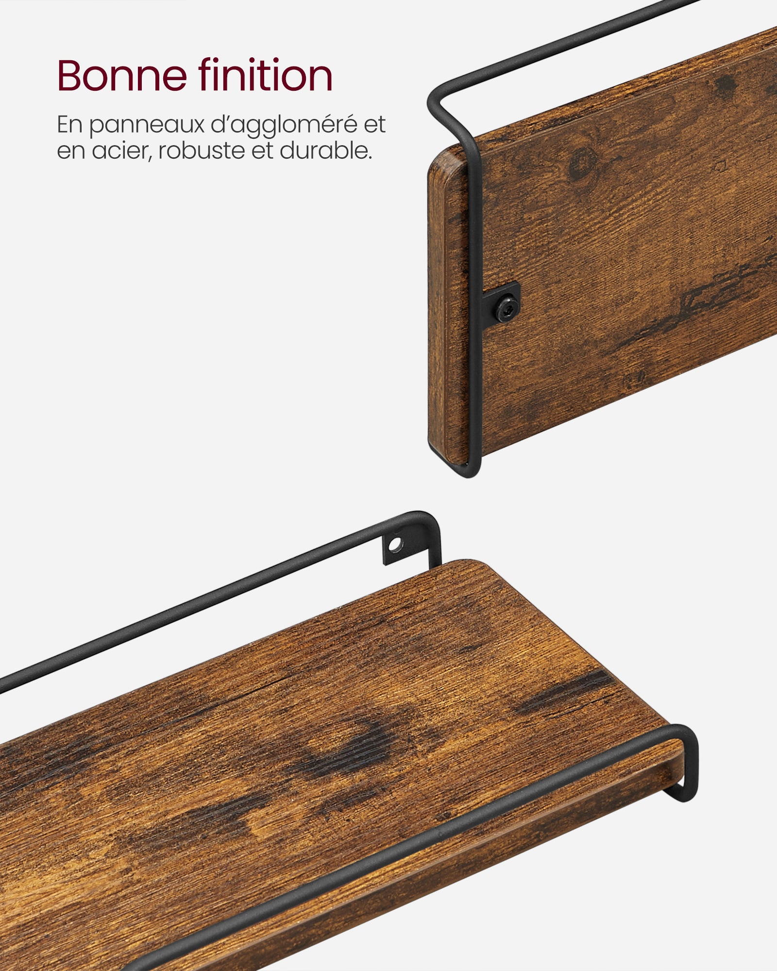 Étagère d’Angle en Forme de L, Lot de 2, Étagère Suspendue, Style Industriel, Marron Rustique et Noir - 4
