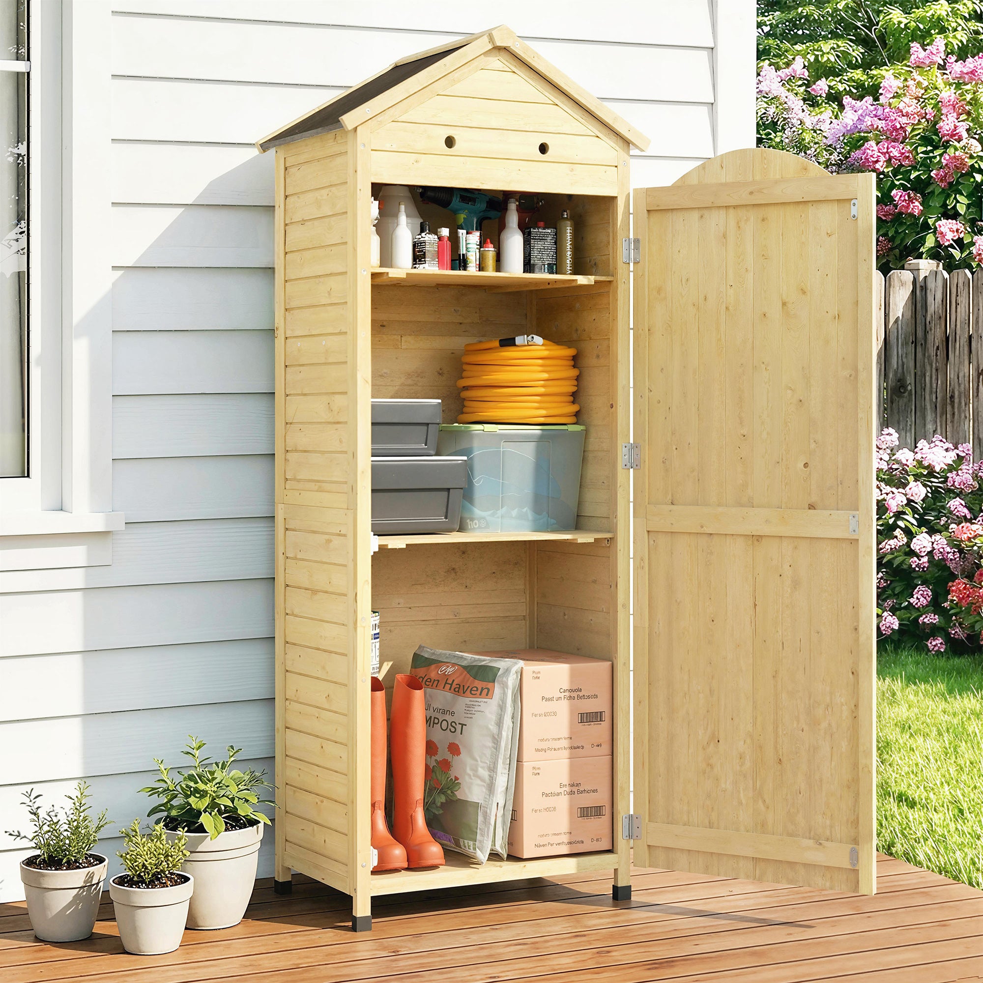 Armoire de Jardin en Bois Toit Acier Galvanisé Texture Gaufrée Étagères Réglables 85x58x213cm Bois Naturel - 3