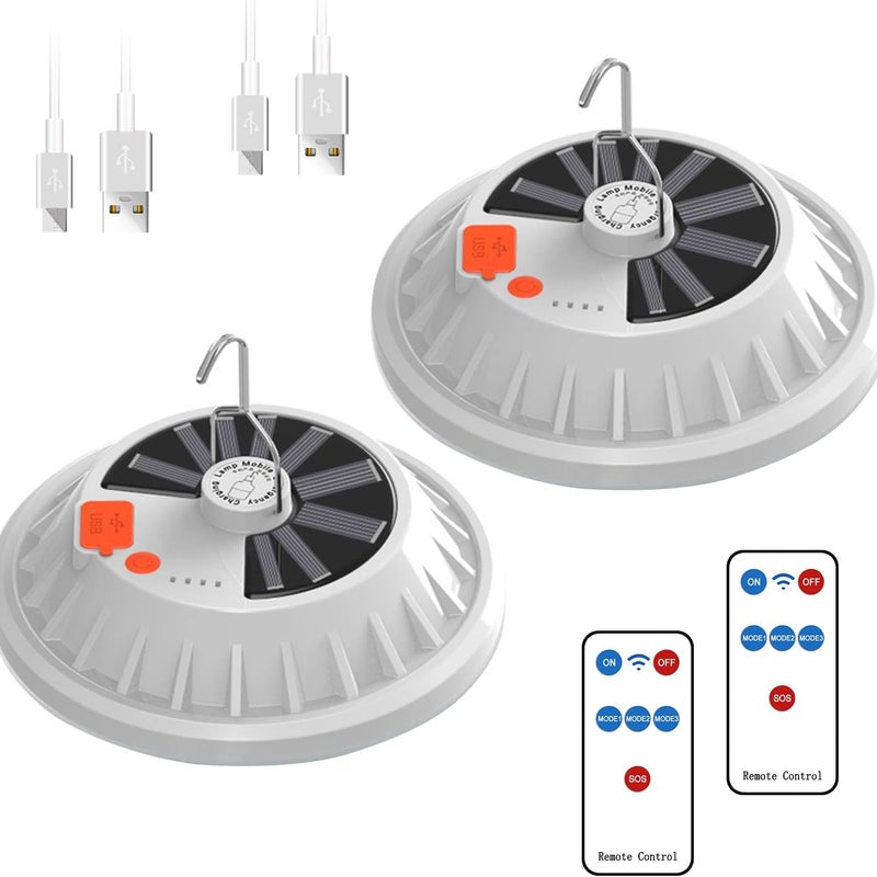 Zestaw 2 zdalnych solarnych lamp kempingowych USB, przenośna ładowalna wisząca lampa namiotowa, światło awaryjne 120 LED