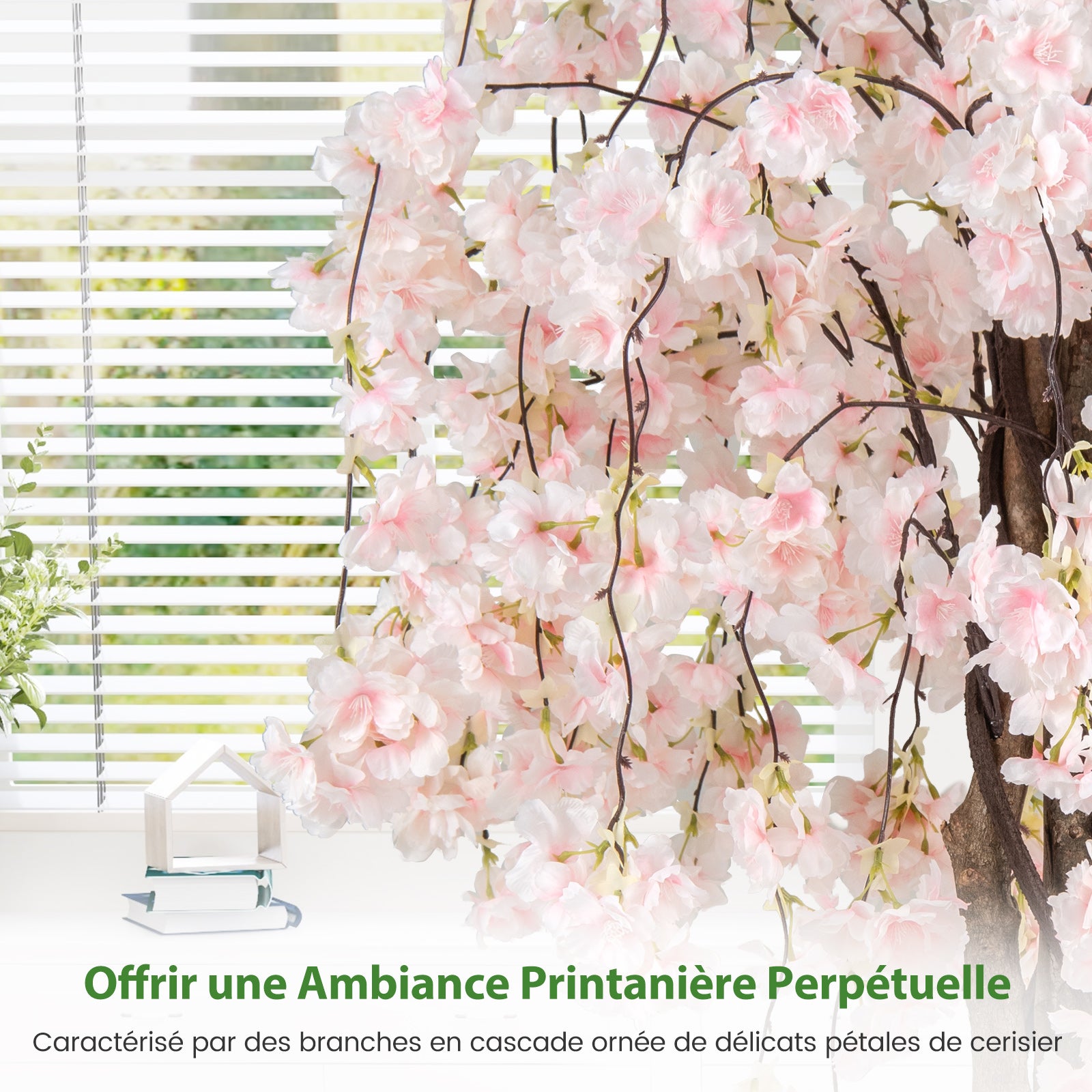 Cerisier Artificiel Réaliste 163 CM, Plante Artificielle en Pot avec Fleurs Roses et Blanches, Arbre Florale Décorative Intérieur Extérieur, Blanc - 6