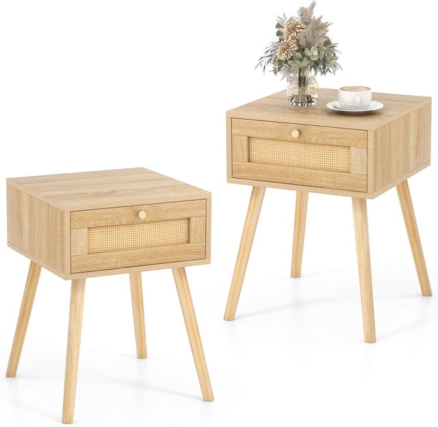 Lot de 2 Table de Chevet Cannage en Rotin, Table de Nuit avec Tiroir, 4 Pieds en Pin, 40 x 40 x 55 cm, Table d'Appoint pour Chambre, Salon