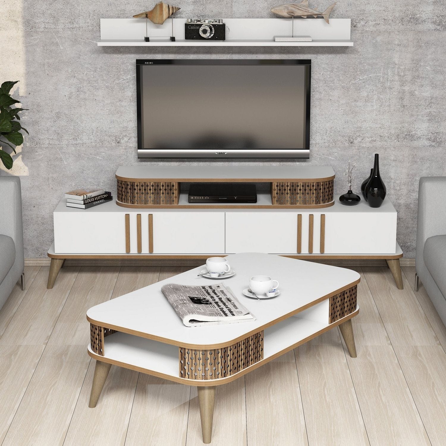 Ensemble meuble TV et table basse et étagère Chanez Bois et Blanc ...