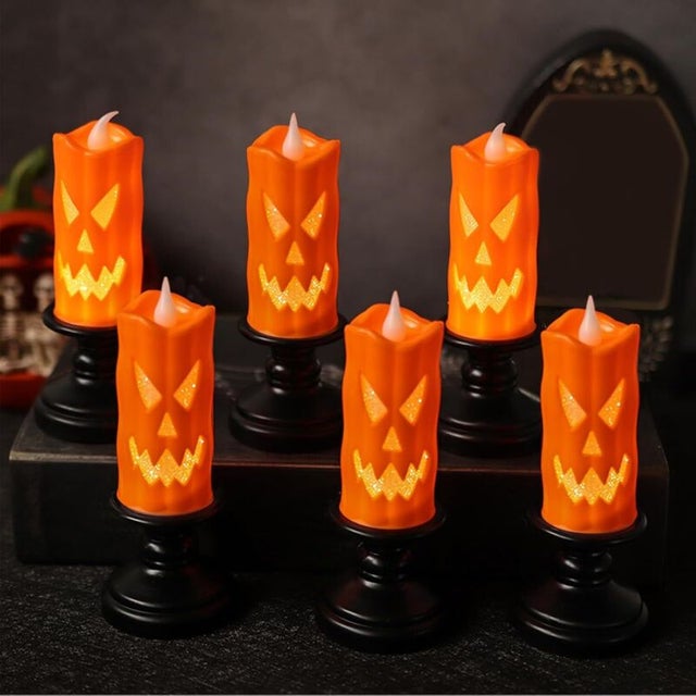 6 Pièces Halloween Bougie sans Flamme, Halloween Decoration Citrouille Lumineuse, Decoration Halloween Lanterne LED Bougeoir, Décoration Halloween