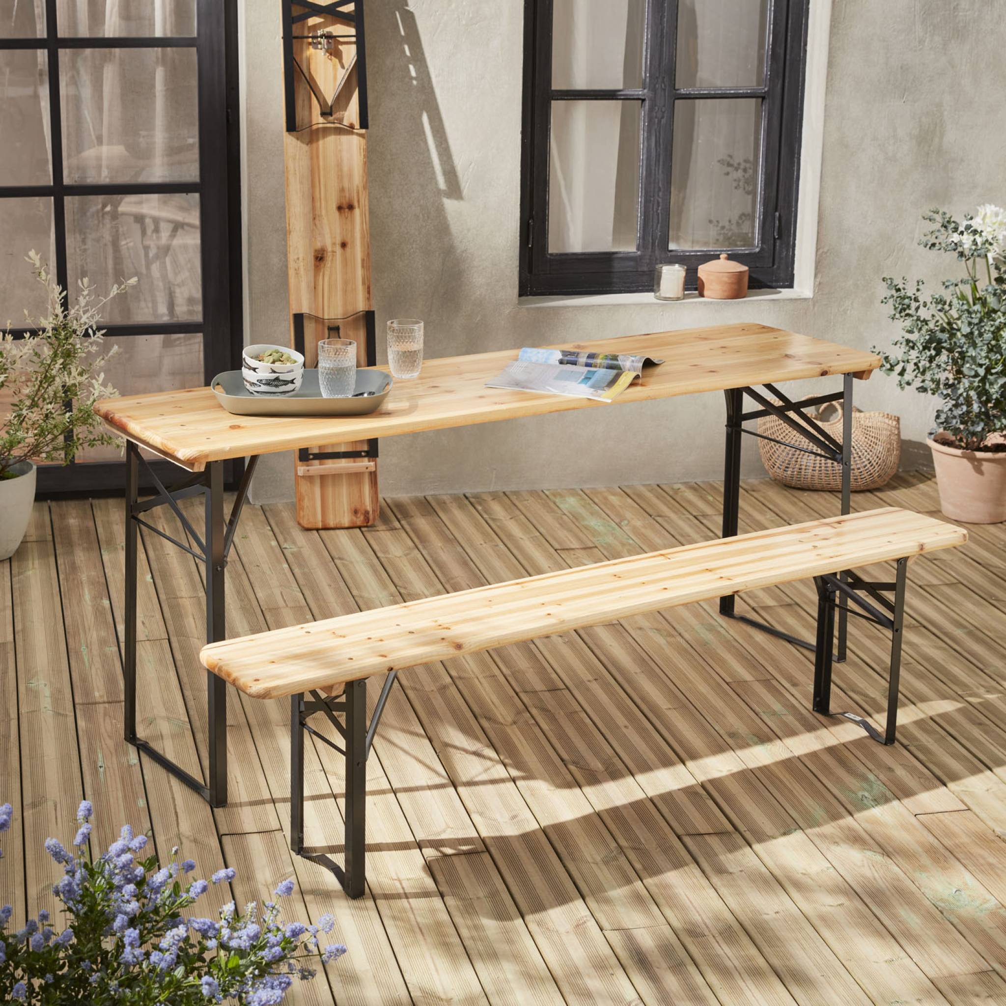 Table de jardin pliante bois de sapin + 2 bancs BAYONNE – Esprit brasserie. pliable. 6 personnes BAYONNE - 3