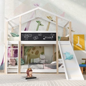 Lit Enfant 90x200 Cm En Bois Avec Toboggan Et Tableau Blanc - Design Cabane, Sommier à Lattes, Pin Et MDF