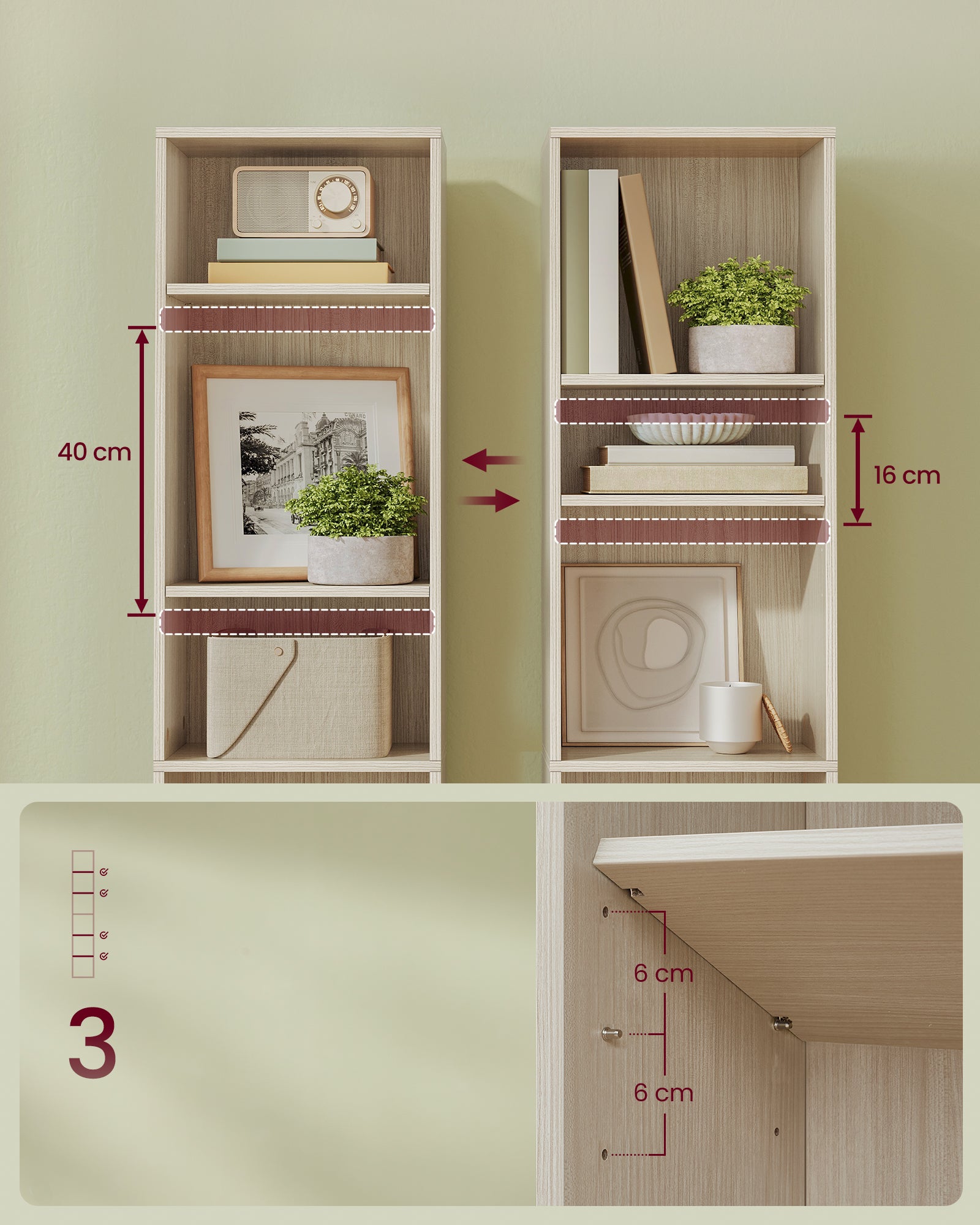 Bibliothèque, Étagère sur 6 Niveaux, Meuble de Rangement Ouvert, Étagère, 24 x 40 x 178,5 cm, pour Salon, Bureau, Salle à Manger, Beige Naturel - 3