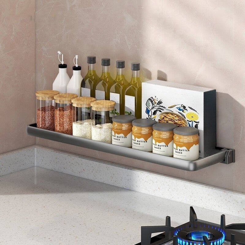 Półka kuchenna, stojak na przyprawy, składana, 51×15×6,5 cm – bez wiercenia, przechowywanie w kuchni, stojak na przyprawy, wielofunkcyjny – szary