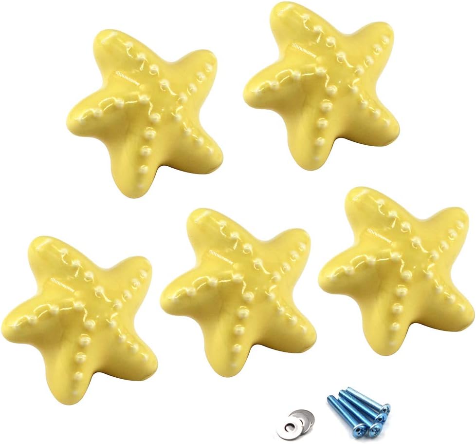 Zestaw 5 Amarillo Perilla del cajón Perillas del gabinete de cerámica Manija de la habitación para niños Forma de Estrella de mar para cajone