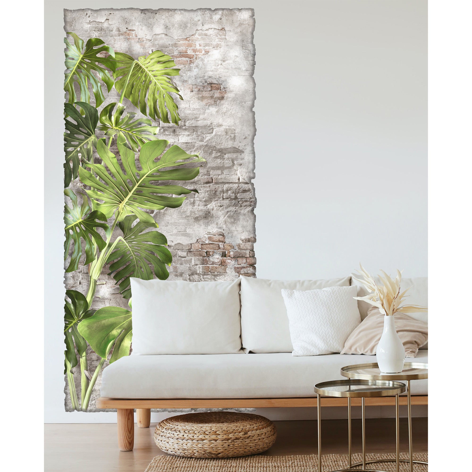 Decoración panorámica de corte grande, pared de ladrillo vegetal de trompe l'oeil y hojas verdes, pegamento intruido activado con agua, 170 cm x 81 cm