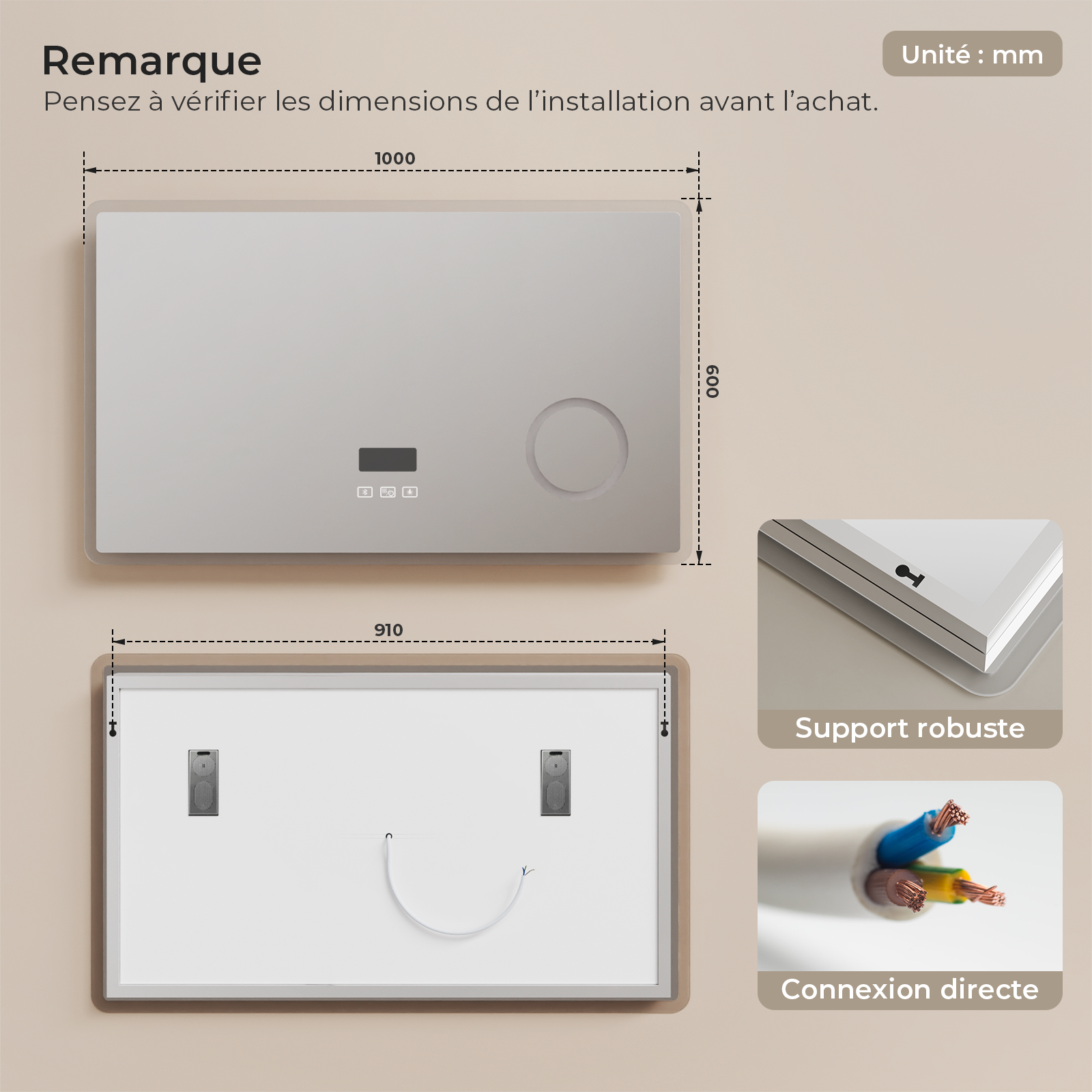 Lustro łazienkowe LED Bluetooth 100 × 60 cm – prostokątne, 3× powiększające, przeciwmgielne, dotykowy włącznik, 3000/4000/6500 K - 8