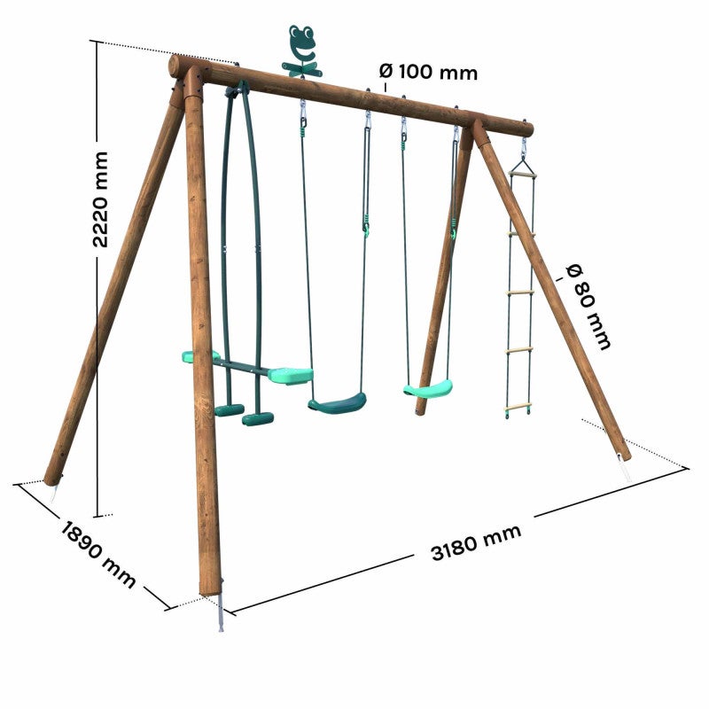 Portique en bois rond 4 agrès avec face à face et échelle GABIN - 4
