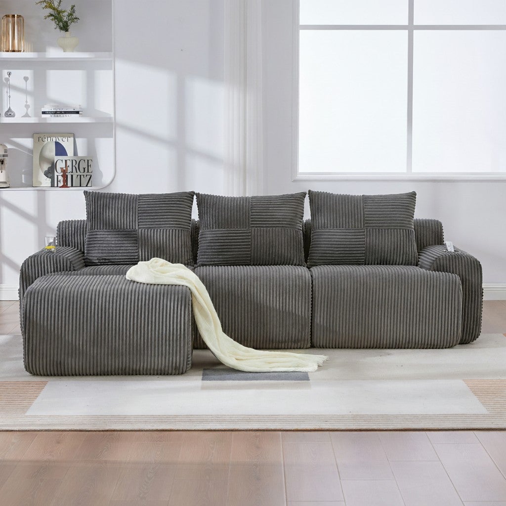 Canapé Modulable 3 Places en Velours Côtelé avec Porte-Gobelets et Rangement - Sofa Design Gris Foncé - 4