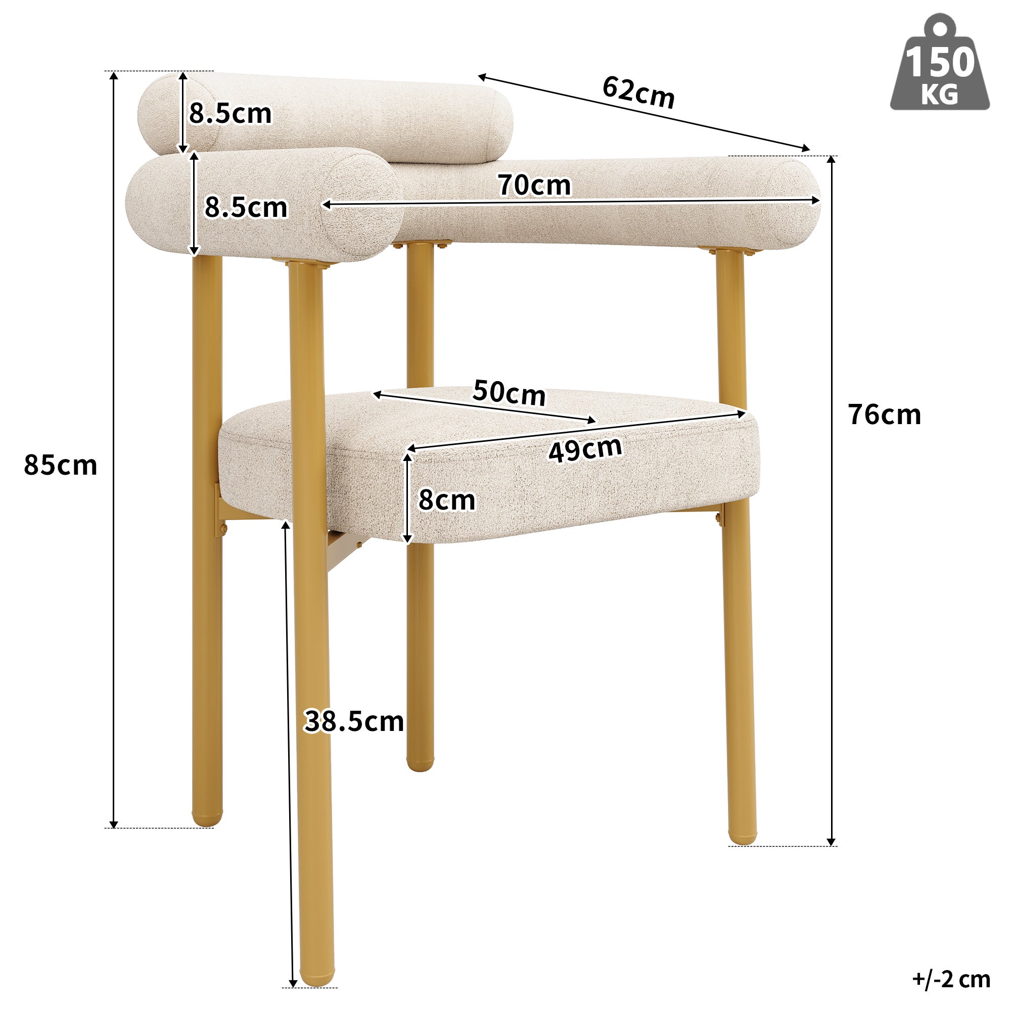 Ensemble table à manger + 6 chaises en velours - 140 x 80 x 75 cm - MDF + Pieds en métal doré - Beige - 4