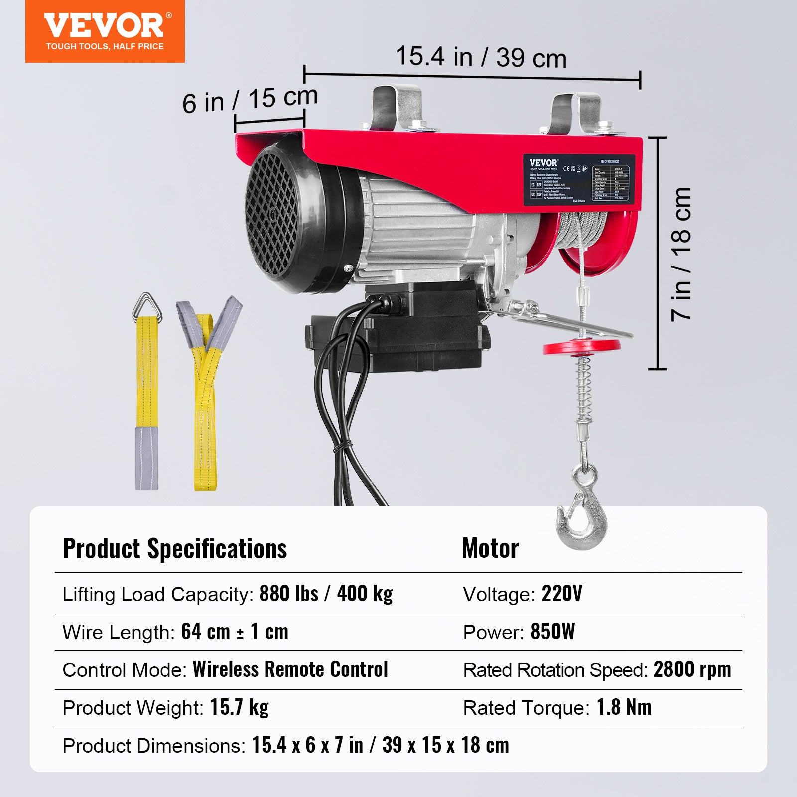 Palan Électrique VEVOR Treuil Câble Électrique 400 kg, Télécommande Fil 850 W Treuil-Palan 10 m/min Hauteur Levage Câble Simple 12 m Moteur en Cuivre - 7