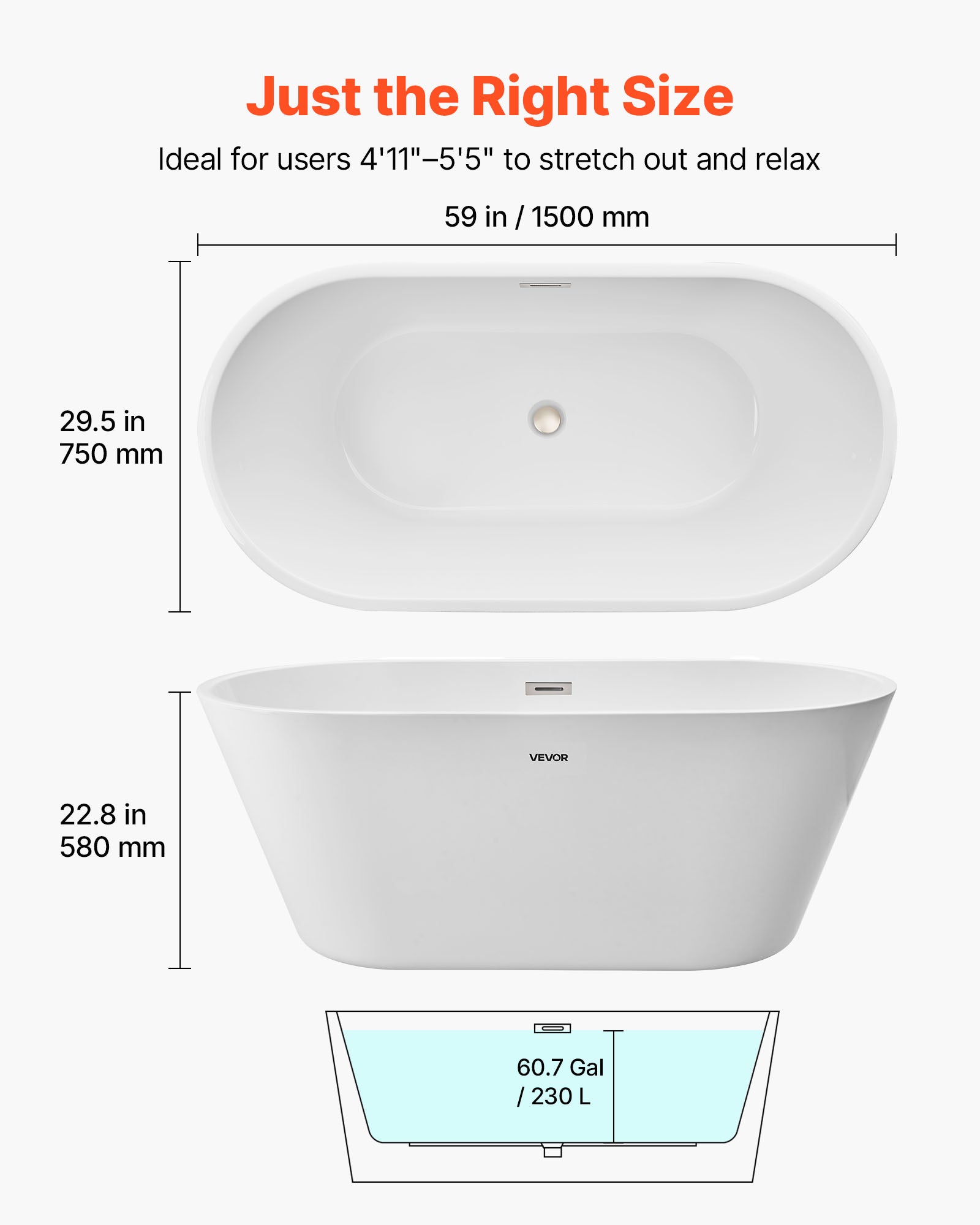 Bañera Autoportante VEVOR de Acrílico 150x75 cm, Bañera Isla Moderna 230 L con Rebosadero y Desagüe Níquel Cepillado, para Baño Relajante, Blanca - 2