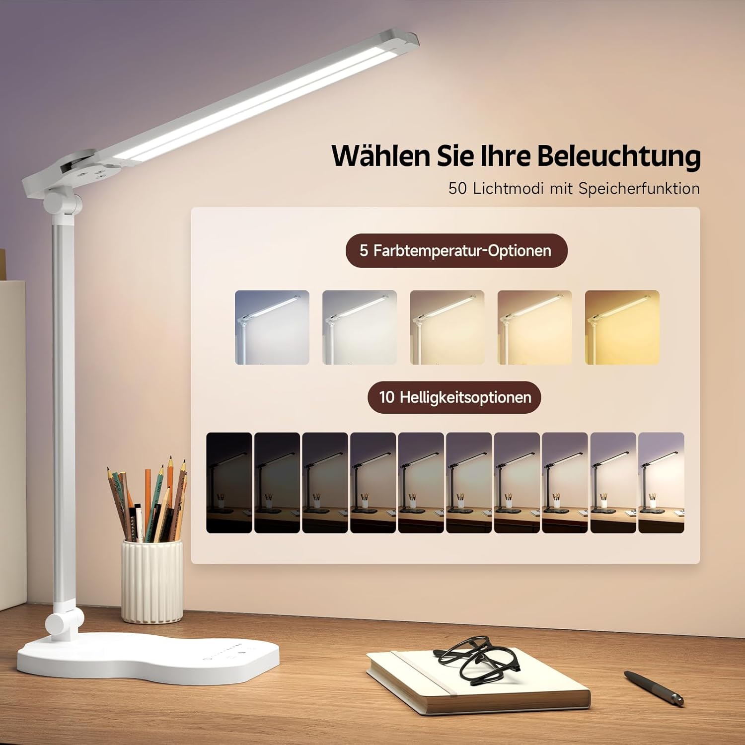 Lampe de bureau LED, lampe de bureau à double bras avec 5 couleurs et 10 niveaux de luminosité, lampe de lecture avec minuterie, lampe de table - 3