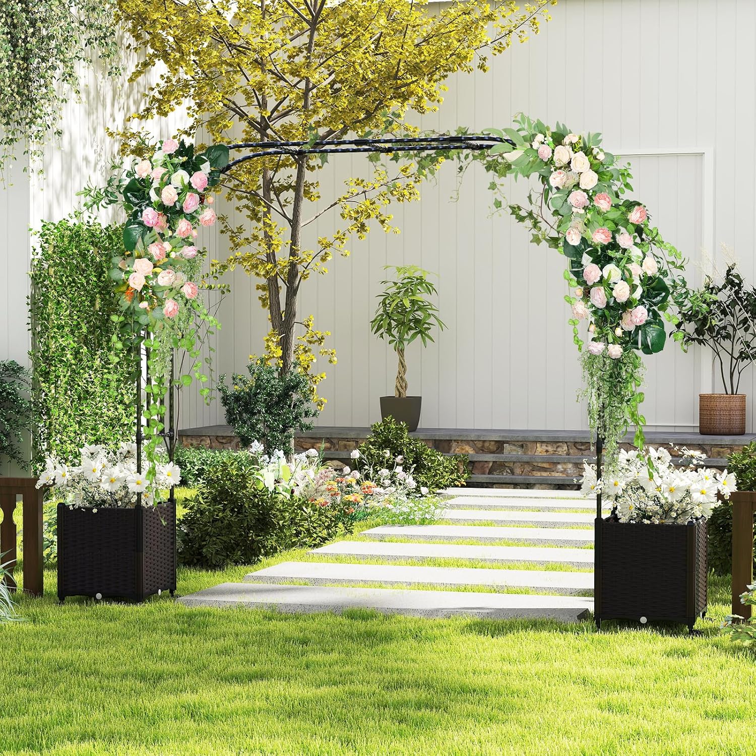 Arche de Jardin avec 2 Jardinières Surélevées, Roues Verrouillables, pour Plantes Grimpantes Fleurs Herbes Légumes Fruits (288x40x202CM) - 8